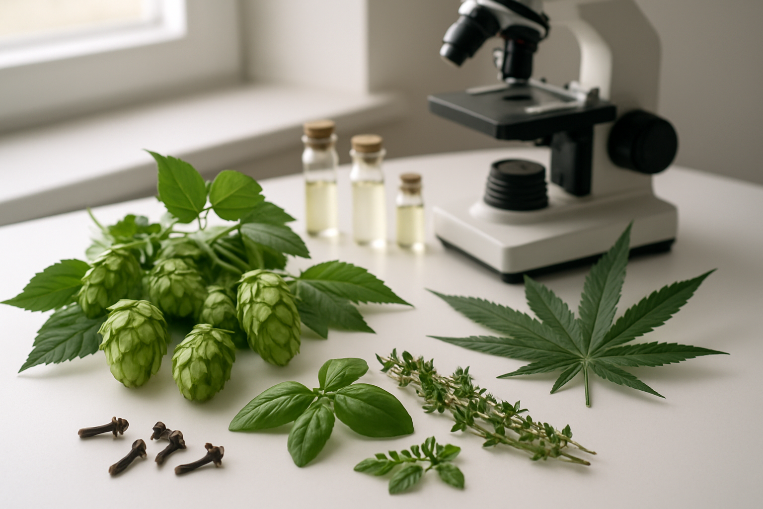 Create a realistic image of a beautifully arranged botanical collection featuring fresh hops with their characteristic cone-shaped flowers, cannabis leaves, and various aromatic herbs like basil and cloves scattered on a clean white laboratory table, with subtle natural lighting from a nearby window creating soft shadows, complemented by a modern scientific microscope and small glass vials containing plant extracts in the background, conveying a sense of botanical research and natural compound discovery in a professional yet organic setting, absolutely NO text should be in the scene.