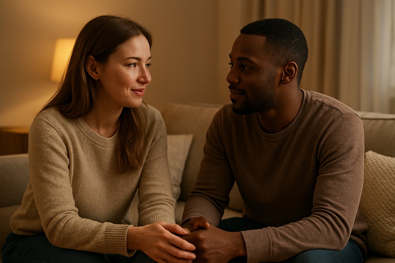 Create a realistic image of a diverse couple, one white female and one black male, sitting face-to-face on a comfortable couch in a warm, softly-lit living room, engaged in intimate conversation with gentle eye contact, open body language, and relaxed postures, surrounded by cozy home elements like soft pillows and warm lighting from a nearby lamp, conveying trust, openness, and emotional connection through their sincere expressions and attentive listening poses, with a peaceful domestic background featuring neutral tones and comfortable furnishings, absolutely NO text should be in the scene.