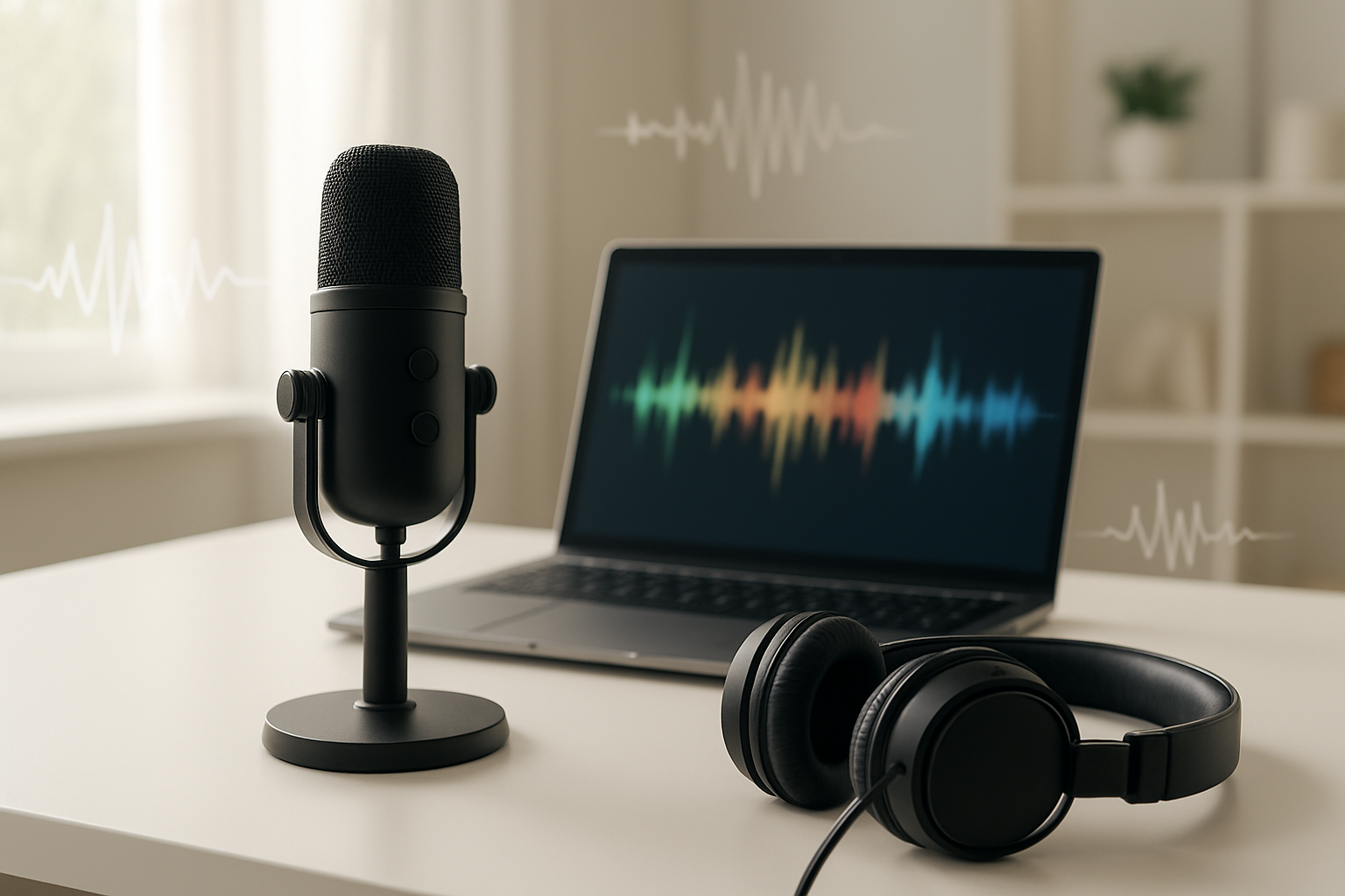 Create a realistic image of a modern computer setup with a sleek black microphone in the foreground, professional headphones resting nearby, and a laptop displaying colorful audio waveforms on the screen, surrounded by subtle sound wave visualizations floating in the air, set on a clean white desk in a bright, well-lit home office environment with soft natural lighting from a window, conveying a professional yet accessible atmosphere for audio processing work, absolutely NO text should be in the scene.