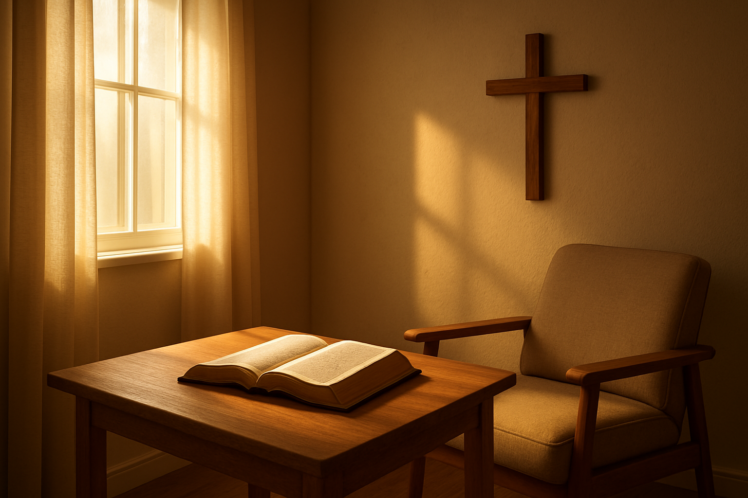 Create a realistic image of a peaceful indoor prayer space with an open Bible placed on a wooden table, soft morning sunlight streaming through a window creating gentle shadows, a simple wooden cross on the wall, a comfortable chair positioned for prayer, warm golden lighting creating a serene and sacred atmosphere, clean and minimalist room design with neutral colors, absolutely NO text should be in the scene.