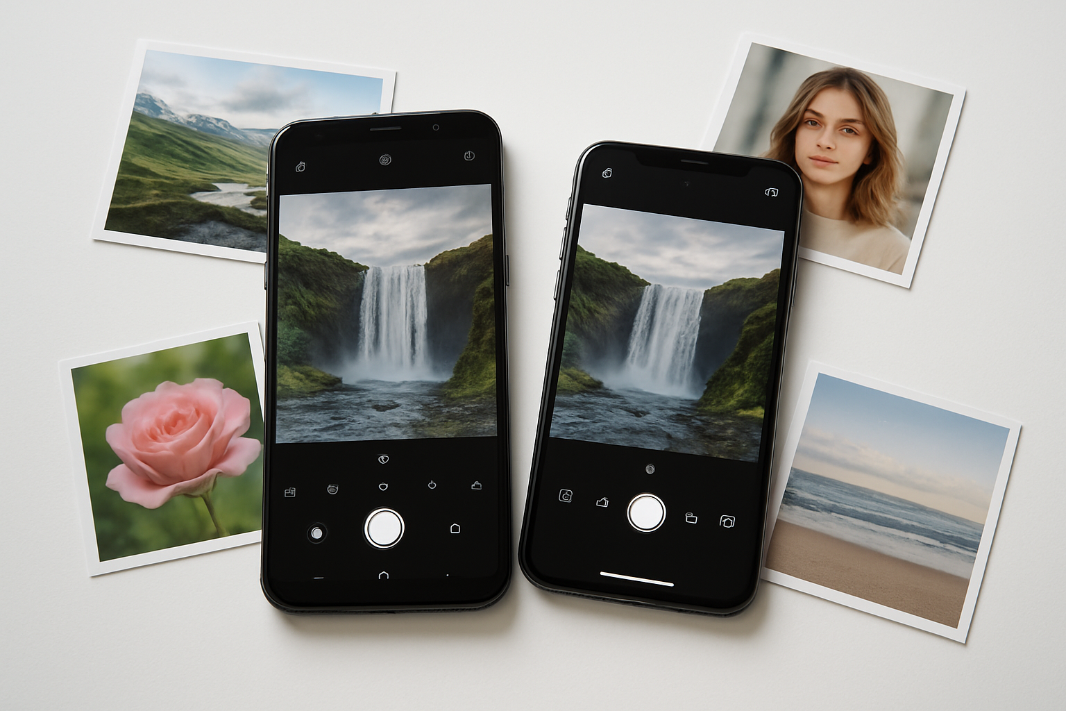 Create a realistic image of a Galaxy S9 smartphone and an iPhone X placed side by side on a clean white surface, both phones displaying their camera apps on screen, with sample photos scattered around them showing various subjects like landscapes, portraits, and close-up shots, soft natural lighting from above creating subtle shadows, modern minimalist background, professional product photography style setup, Absolutely NO text should be in the scene.