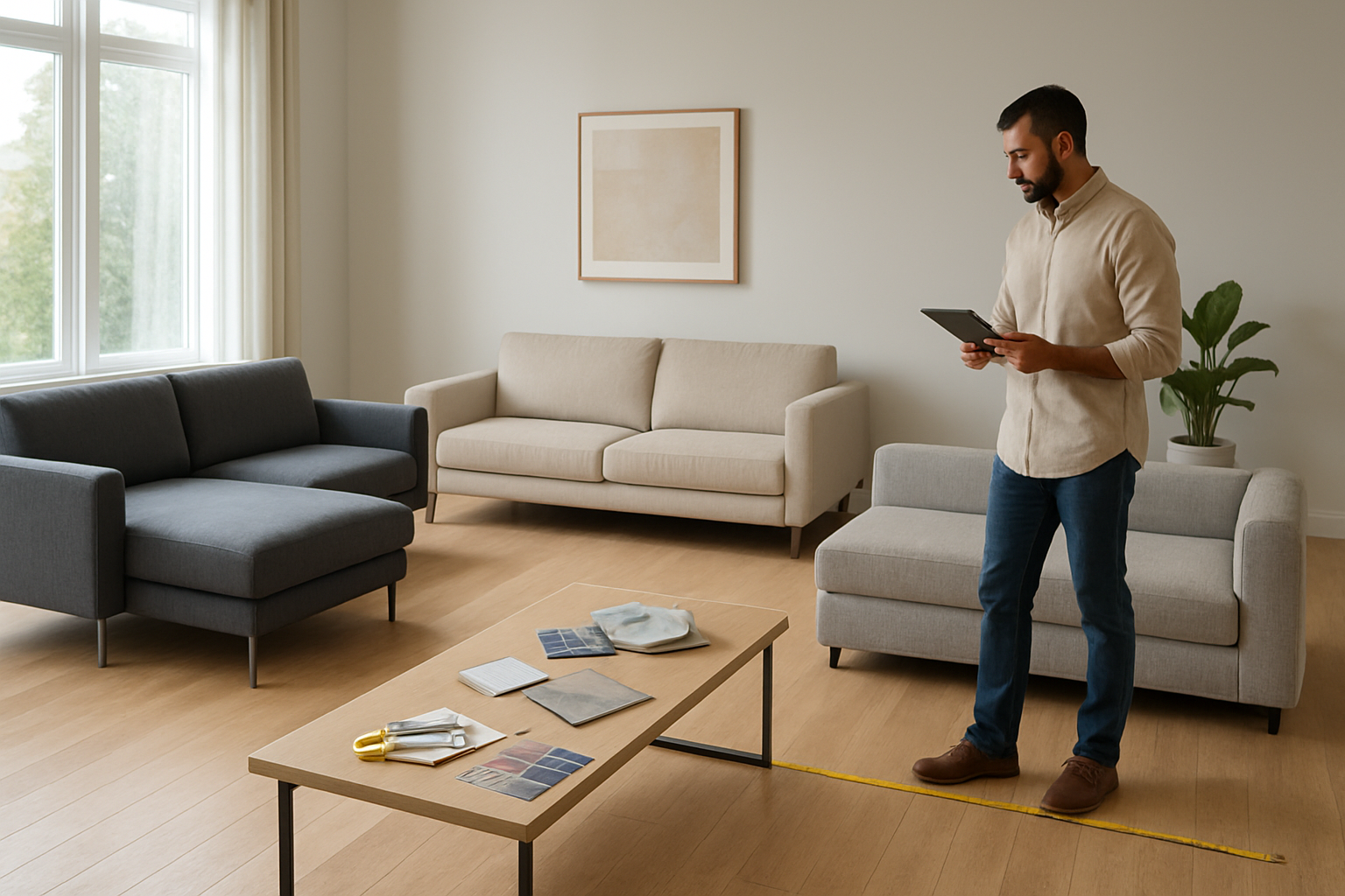 Create a realistic image of a modern living room interior showcasing different sofa design options and space planning elements, featuring three distinct modern sofas in different styles - a sleek sectional sofa, a compact two-seater, and a modular sofa arrangement - positioned in the same contemporary living space with measuring tape, color swatches, and fabric samples placed on a coffee table, natural daylight streaming through large windows, clean minimalist decor with neutral walls, wooden flooring, and a Middle Eastern male interior designer in his 30s examining room dimensions while holding a tablet, creating a professional consultation atmosphere that demonstrates space planning and design selection process, absolutely NO text should be in the scene.
