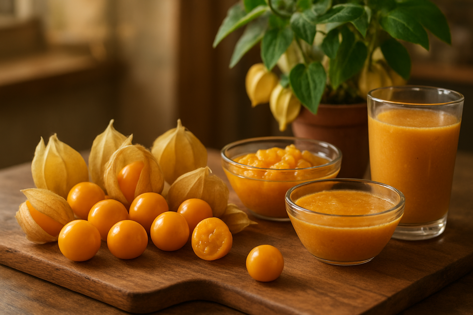 Create a realistic image of fresh golden uchuva fruits with their distinctive papery husks partially opened, arranged on a rustic wooden cutting board alongside small glass bowls containing prepared uchuva dishes and smoothies, with a small potted uchuva plant with green leaves and paper lantern-like husks visible in the background, soft natural lighting from a window creating warm golden highlights on the fruits, kitchen counter setting with subtle bokeh effect in the background, emphasizing the journey from raw fruit to culinary creations and home growing, warm and inviting atmosphere that conveys completion and satisfaction, absolutely NO text should be in the scene.
