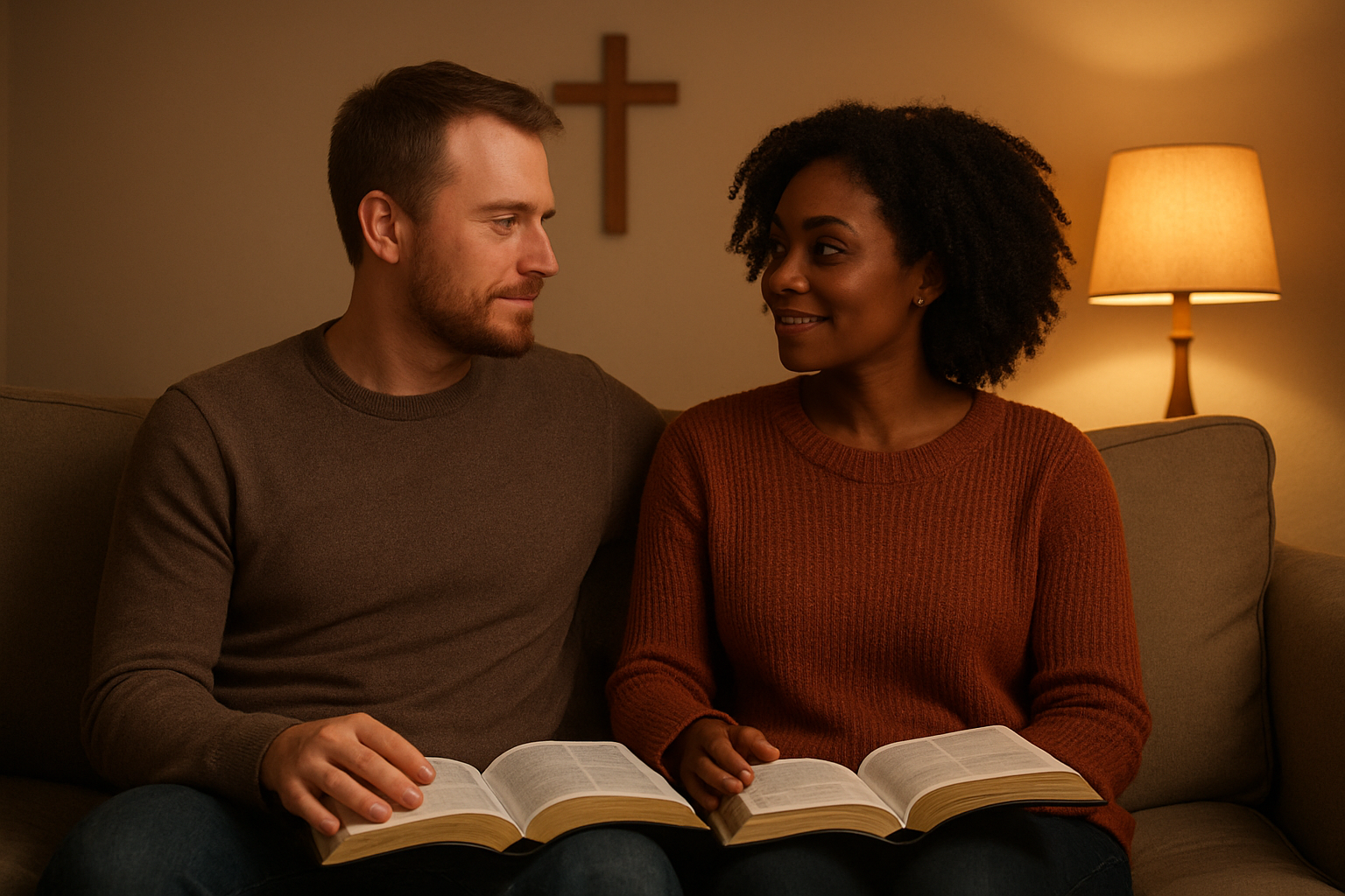 Create a realistic image of a white male and black female couple sitting together on a comfortable couch in a warm, softly-lit living room, both holding open Bibles in their laps while looking at each other with gentle, loving expressions, with a wooden cross visible on the wall behind them, warm golden lighting from a nearby lamp creating an intimate and peaceful atmosphere, absolutely NO text should be in the scene.