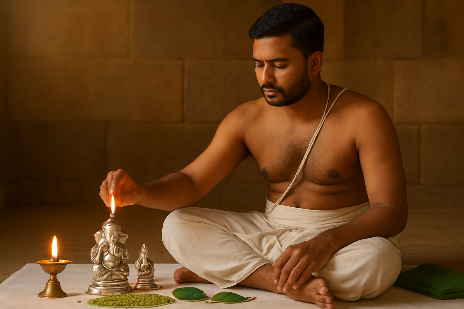 Create a realistic image of a South Asian male priest in traditional white dhoti and sacred thread performing Mercury remedial rituals, sitting cross-legged before a small silver idol of Lord Ganesha and Mercury deity, surrounded by green moong dal, emerald gemstone, fresh green leaves, burning camphor flame, small brass oil lamp, copper water vessel, and green cloth offerings arranged on a clean white cloth, with soft warm golden lighting creating a peaceful spiritual atmosphere in a simple temple interior with stone walls, Absolutely NO text should be in the scene.
