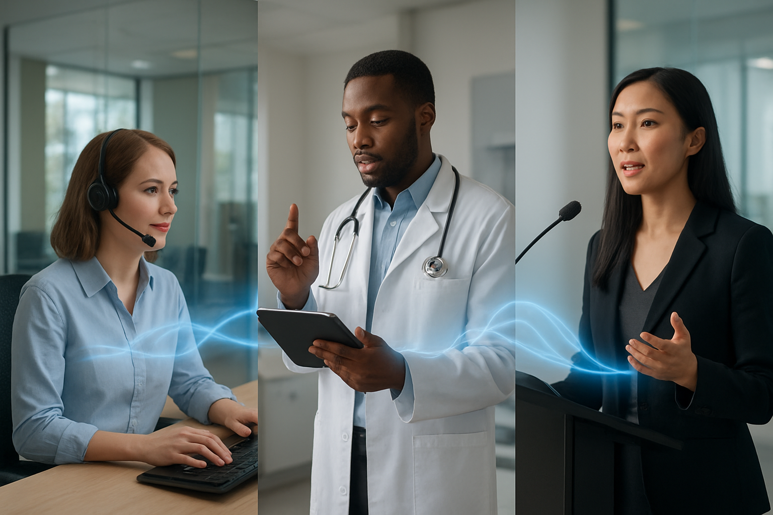 Create a realistic image of a modern office environment showing diverse professionals using voice AI technology in practical applications, featuring a white female customer service representative wearing a headset at her desk with a computer displaying waveform visualizations, a black male doctor in a white coat using voice commands with a tablet in a medical setting, and an Asian female presenter giving a speech with voice recognition equipment visible, all connected by subtle glowing blue digital waves representing AI processing, with a clean modern background featuring glass conference rooms and natural lighting from large windows, creating a professional and innovative atmosphere that demonstrates real-world voice AI use cases across different industries, absolutely NO text should be in the scene.