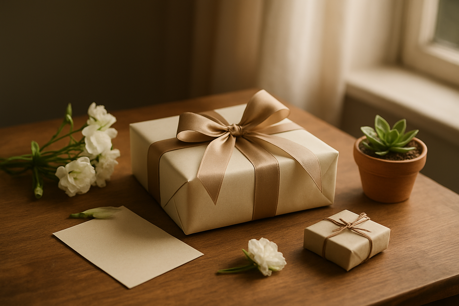 Create a realistic image of a beautifully wrapped gift box with elegant ribbon sitting on a wooden table, surrounded by thoughtful small presents including fresh flowers, a handwritten note, and a small potted plant, with soft natural lighting coming through a nearby window creating a warm and intimate atmosphere that conveys love and care through meaningful gestures, absolutely NO text should be in the scene.