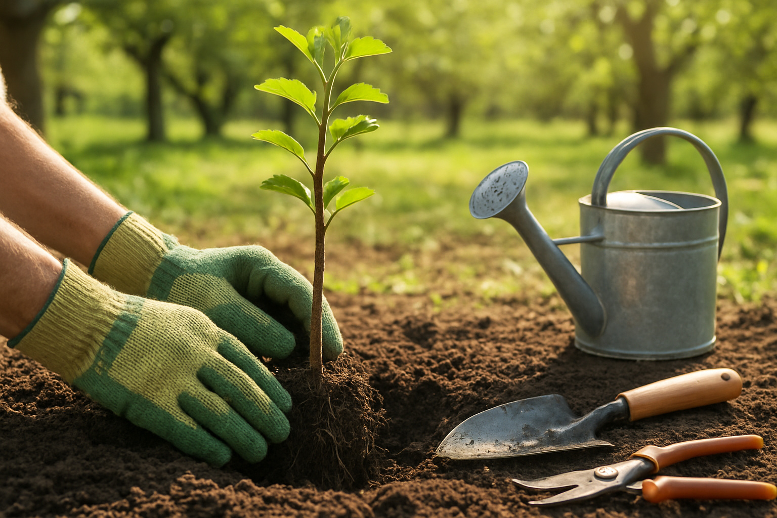 Create a realistic image of a close-up view of hands wearing gardening gloves carefully planting a young fruit tree sapling in rich, dark soil, with a small shovel nearby, showing the proper planting depth and root placement technique, set in a sunny orchard or garden setting with soft natural lighting, other fruit trees visible in the blurred background, and gardening tools like watering can and pruning shears placed on the ground beside the planting area. Absolutely NO text should be in the scene.