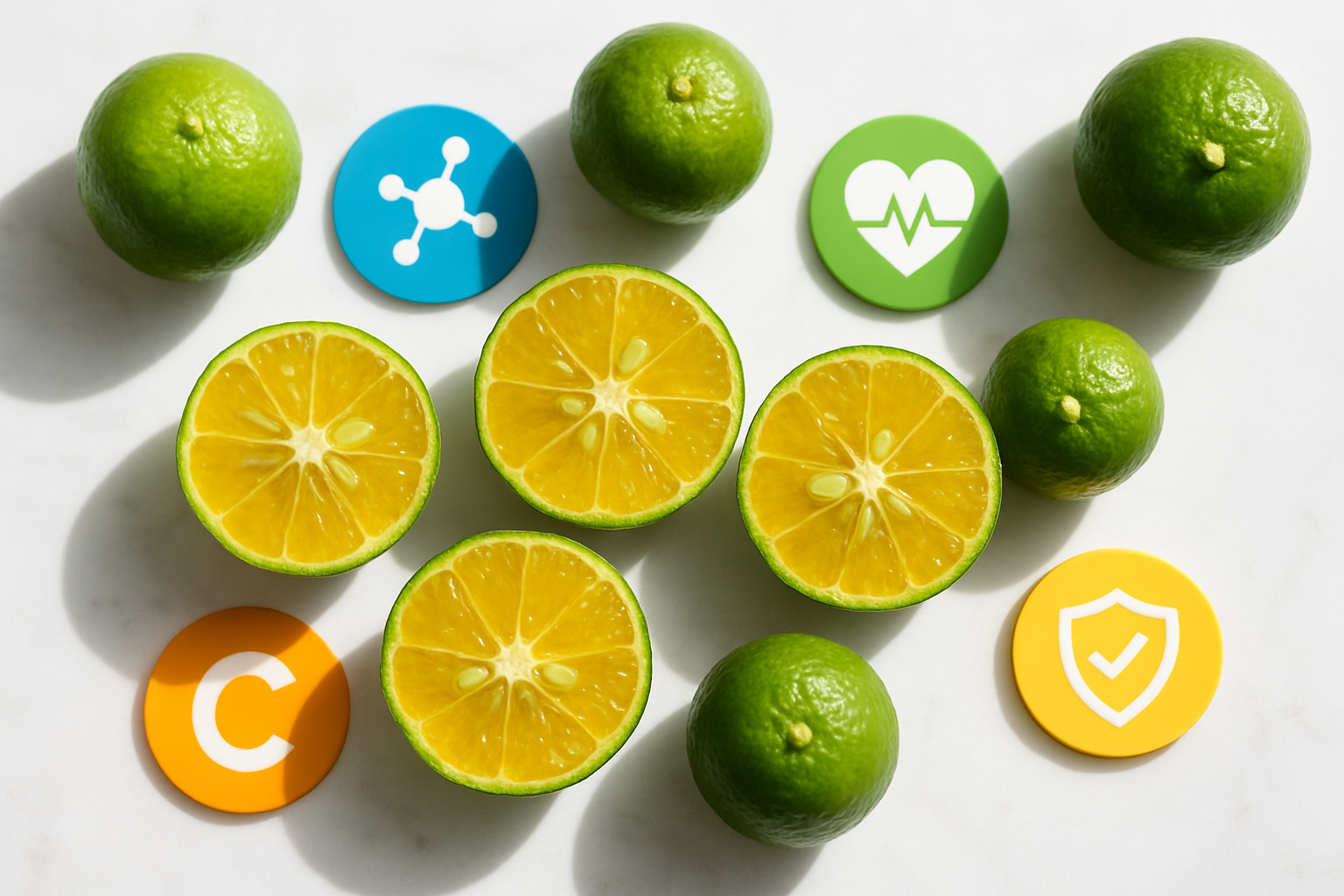 Create a realistic image of fresh calamansi fruits cut in half displaying their juicy interior, surrounded by vibrant nutritional symbols like vitamin C icons, antioxidant representations, and health benefit indicators, with whole calamansi fruits scattered around on a clean white marble surface, bright natural lighting from above creating soft shadows, emphasizing the golden-green color and freshness of the citrus fruits, with a modern clean aesthetic that conveys health and nutrition, absolutely NO text should be in the scene.