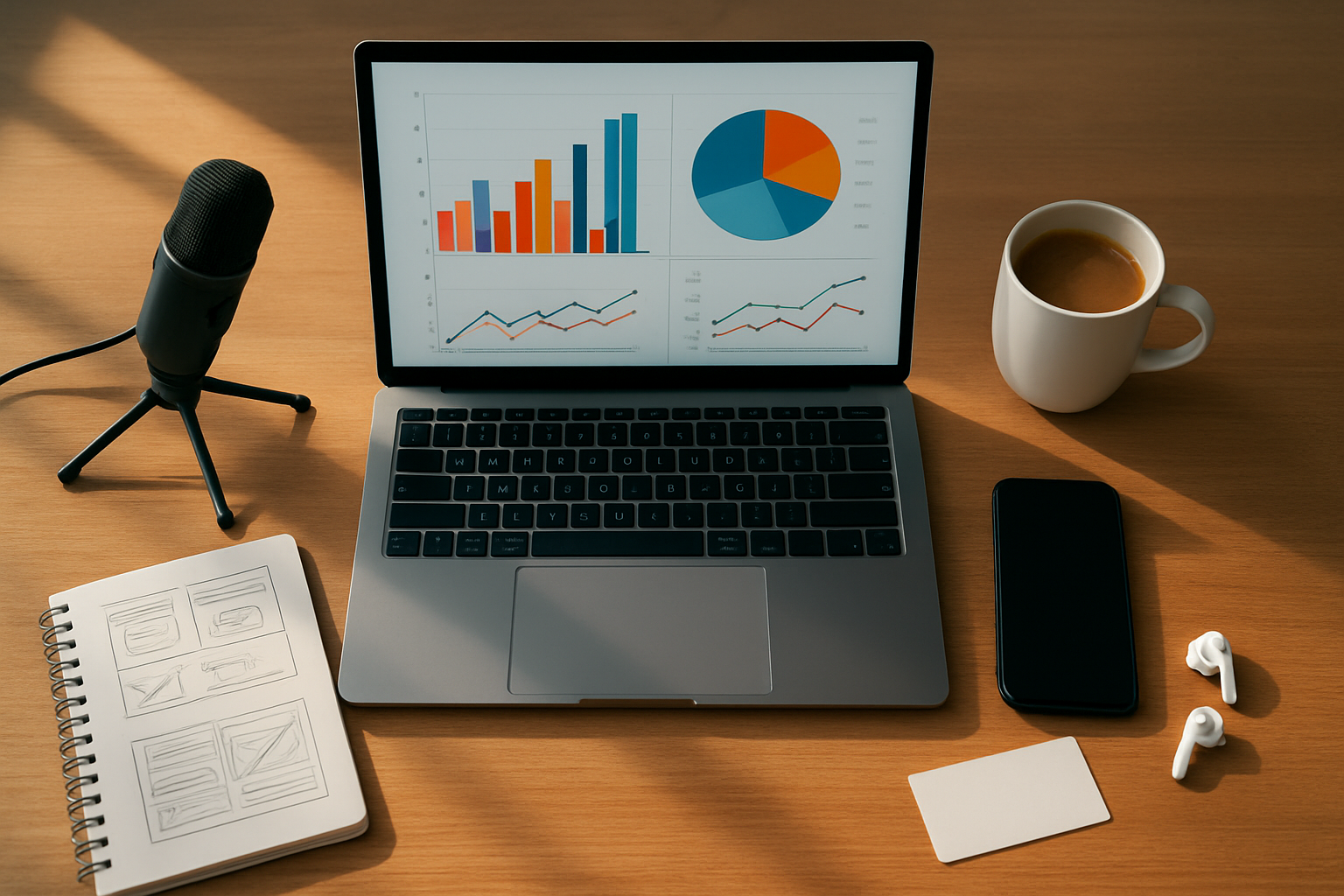 Create a realistic image of a modern workspace desk from above showing a laptop computer displaying colorful charts and graphs, scattered around are various work tools including a microphone for voice services, design sketches, a smartphone, wireless earbuds, a coffee cup, and some business cards, the scene has warm natural lighting from a window creating soft shadows, the background shows a clean wooden desk surface with a subtle tech startup office atmosphere, absolutely NO text should be in the scene.