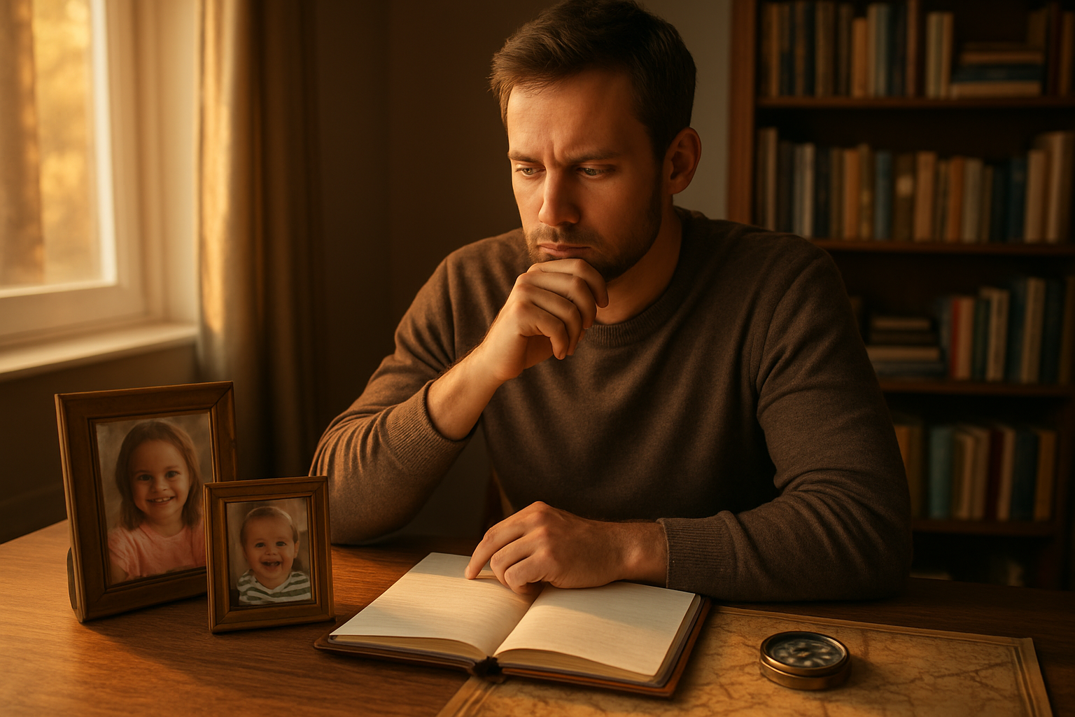 Create a realistic image of a thoughtful white male father in his 30s sitting at a wooden desk in a warm, softly lit home office, holding a pen while looking contemplatively at an open leather-bound journal, with family photos on the desk showing children at different ages, a compass and a vintage map visible on the desk surface, warm golden hour sunlight streaming through a nearby window creating gentle shadows, bookshelves with parenting and personal development books in the background, conveying a sense of reflection, purpose and personal discovery. Absolutely NO text should be in the scene.