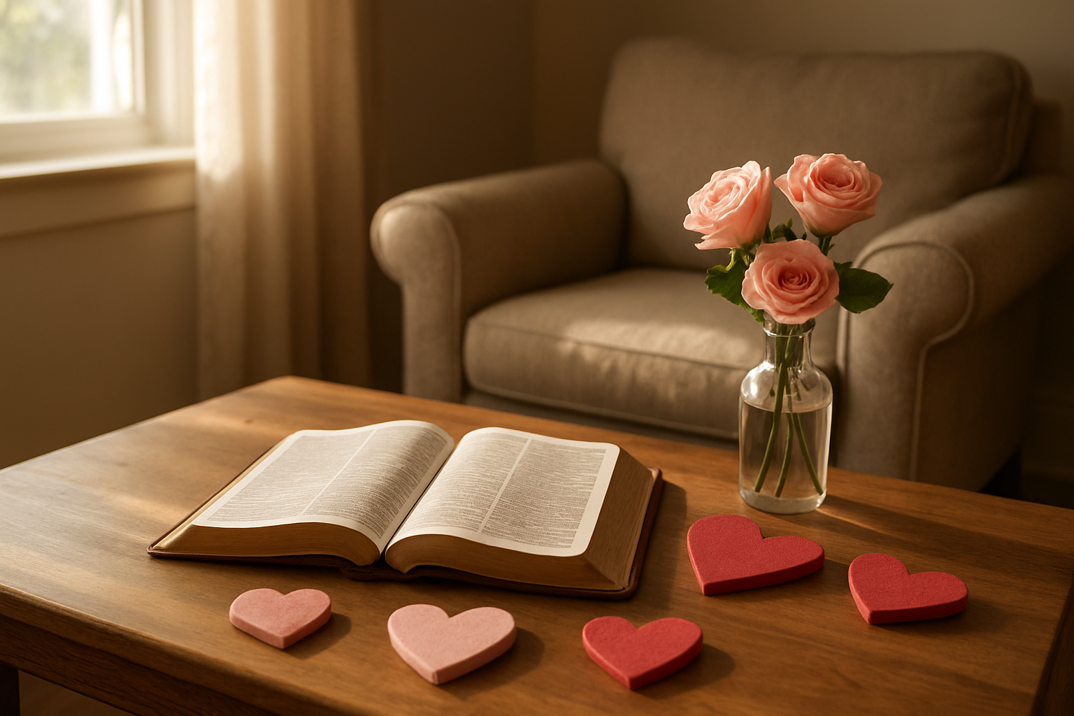 Create a realistic image of a warm, inviting living room scene with soft natural lighting from a window, featuring a wooden coffee table with an open Bible, a few heart-shaped decorations in soft pink and red colors, a small vase with fresh roses, and a cozy armchair in the background, creating a peaceful atmosphere that blends Christian faith with Valentine's Day themes, shot with gentle afternoon sunlight casting soft shadows, absolutely NO text should be in the scene.