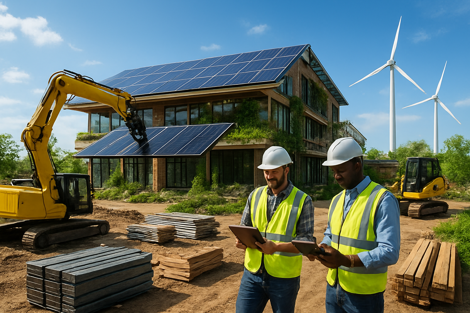 Create a realistic image of a modern construction site featuring eco-friendly building practices with solar panels being installed on a green building roof, wind turbines visible in the background, construction workers wearing hard hats operating tablet devices and robotic equipment, sustainable materials like recycled steel and timber prominently displayed, lush green landscaping integrated into the architectural design, bright daylight with clear blue skies creating an optimistic and progressive atmosphere, advanced AI-controlled construction machinery working alongside human workers, energy-efficient building materials and green technology seamlessly integrated into the construction process, absolutely NO text should be in the scene.