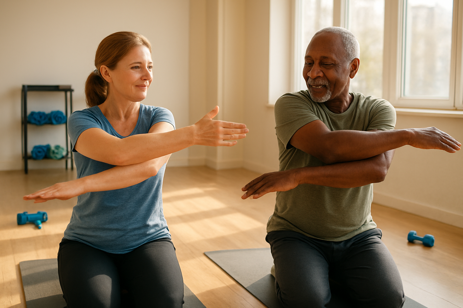 Create a realistic image of a middle-aged white female and an older black male performing gentle exercise movements in a bright, modern fitness studio with wooden floors and large windows, showing proper form during low-impact stretching and mobility exercises, with yoga mats, resistance bands, and light dumbbells visible in the background, natural sunlight streaming through windows creating a warm and encouraging atmosphere that emphasizes health and vitality. Absolutely NO text should be in the scene.