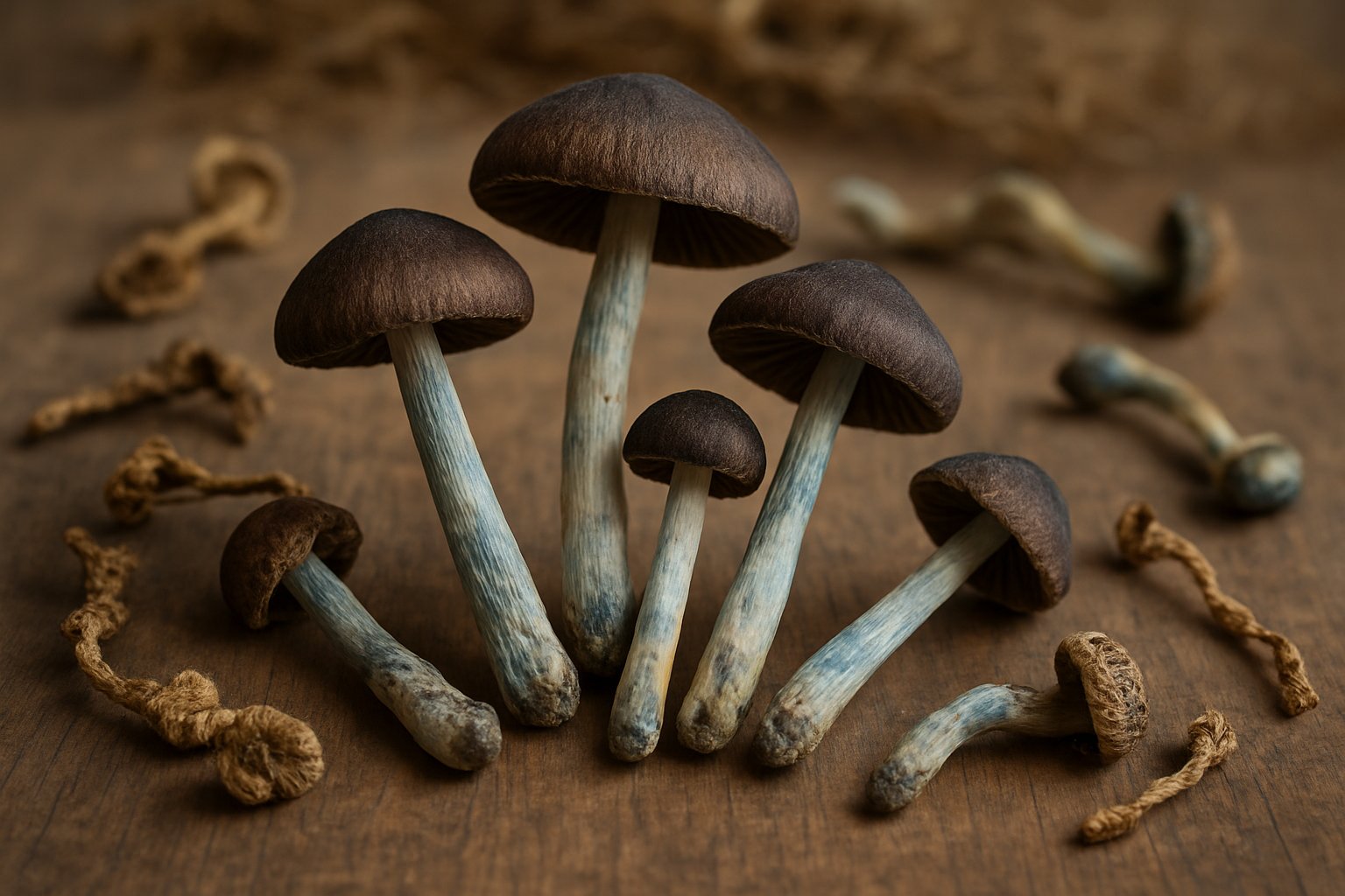 Create A Realistic Image Of Several Copelandia Cyanescens Mushrooms Arranged On A Natural Wooden Surface, Displaying Their Characteristic Blue-Bruising Stems And Dark Spore-Covered Caps, With Soft Natural Lighting From Above Creating Gentle Shadows, Surrounded By Scattered Dried Psilocybin Mushrooms And A Few Fresh Specimens Showing The Distinctive Bluish Bruising, Set Against A Blurred Background Of Natural Textures Like Hemp Fibers Or Organic Materials, Conveying A Sense Of Completion And Educational Summary About These Potent Fungi, With Warm Earthy Tones And Professional Botanical Photography Lighting That Emphasizes The Mushrooms' Unique Features And Natural Beauty, Absolutely No Text Should Be In The Scene.