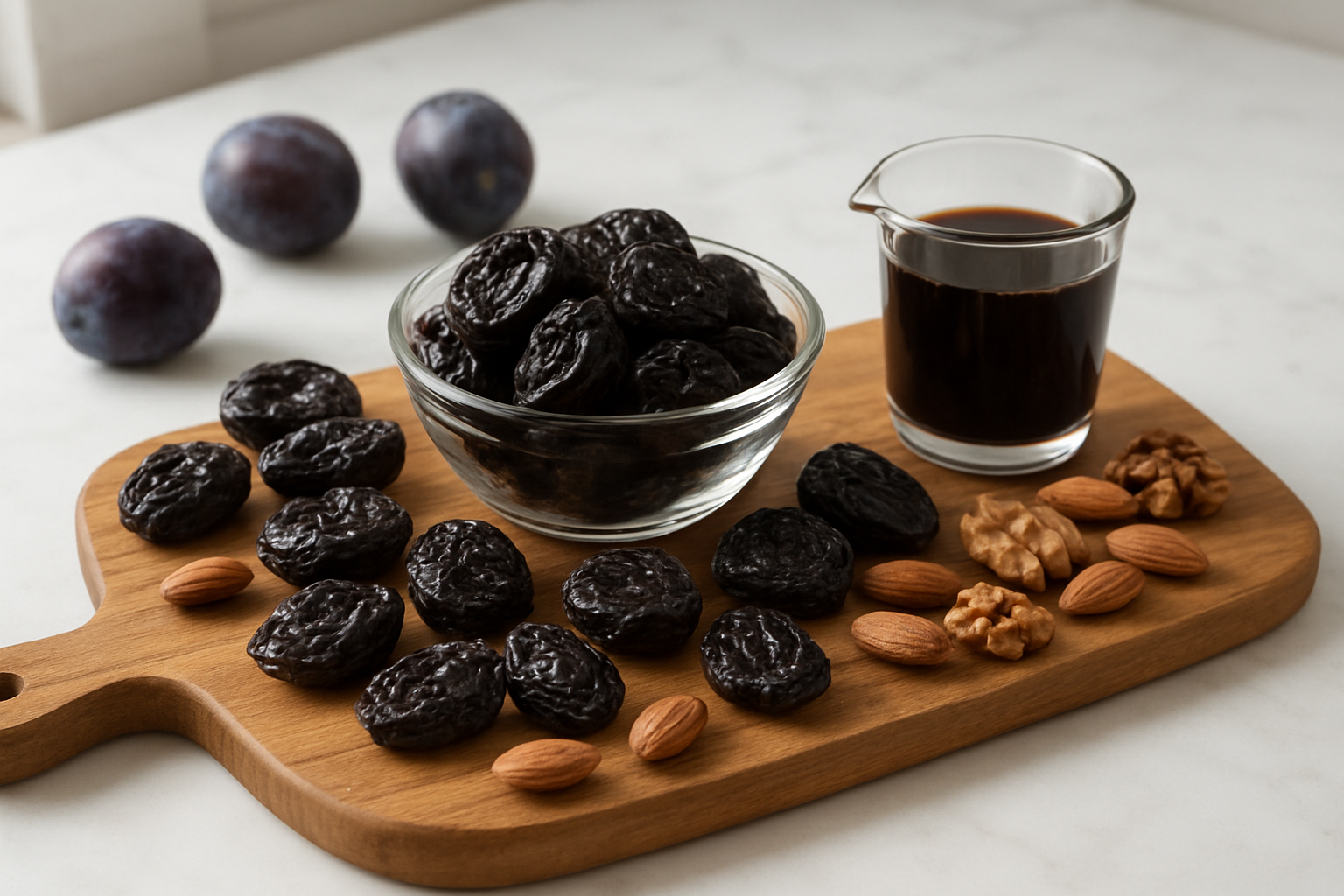 Create a realistic image of a wooden cutting board with fresh dark purple prunes arranged artistically alongside a small glass bowl filled with prunes, scattered almonds and walnuts, a measuring cup with prune juice, and a few whole plums in the background, all placed on a clean white marble kitchen counter with soft natural lighting from a nearby window creating gentle shadows, emphasizing the rich textures and deep colors of the dried fruits in a warm, inviting kitchen atmosphere that conveys health and nutrition, absolutely NO text should be in the scene.