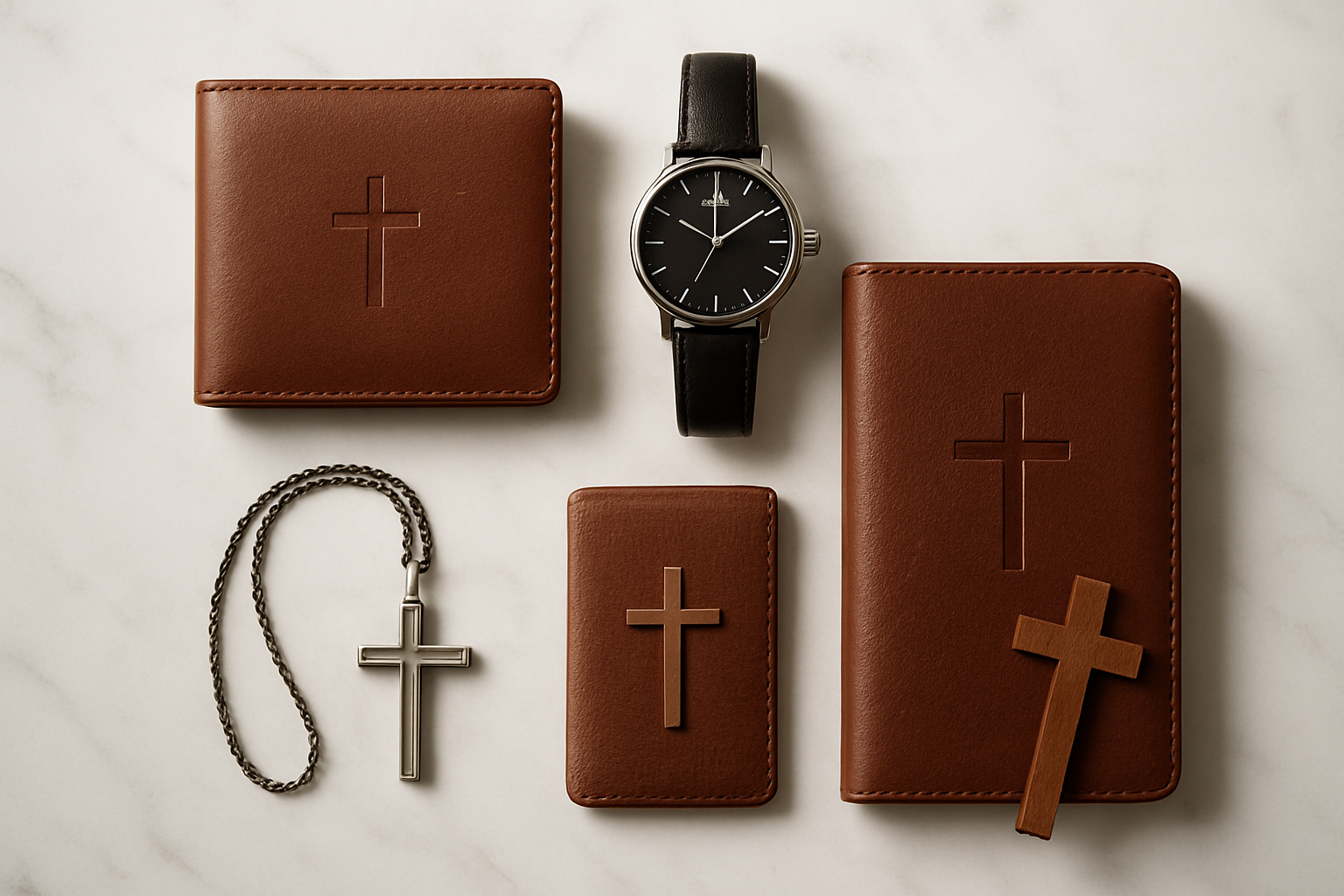 Create a realistic image of an elegant flat lay arrangement featuring stylish Christian-themed men's accessories including a leather wallet with a subtle cross embossing, a sleek watch with Christian symbol details, a sophisticated leather journal, a metal cross pendant necklace, and a wooden cross bookmark, all artfully arranged on a clean white marble surface with soft natural lighting from above creating gentle shadows, conveying a sense of thoughtful gifting that balances modern style with faith-based values, absolutely NO text should be in the scene.