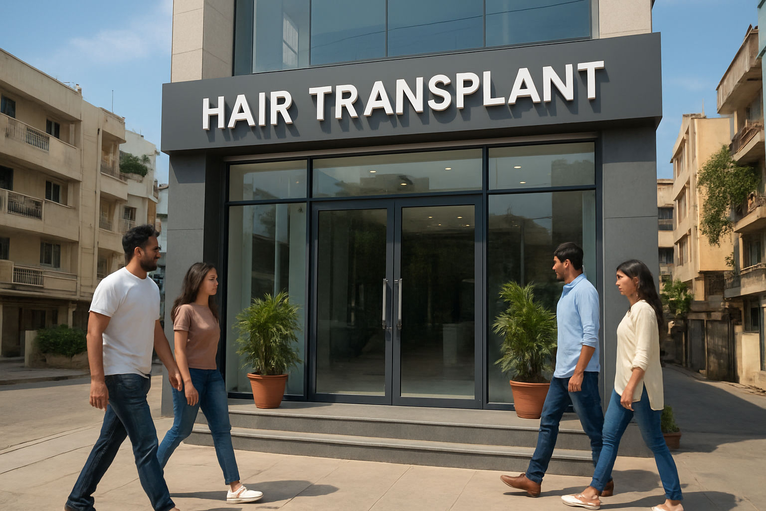 Create a realistic image of a modern, upscale hair transplant clinic exterior in an urban Indian setting with clean glass windows, professional signage, a well-maintained entrance with potted plants, surrounding buildings typical of Jayanagar neighborhood in Bangalore, clear blue sky, natural daylight, and a few white and Indian male and female patients walking near the entrance wearing casual modern clothing, conveying a sense of trust and professionalism, absolutely NO text should be in the scene.