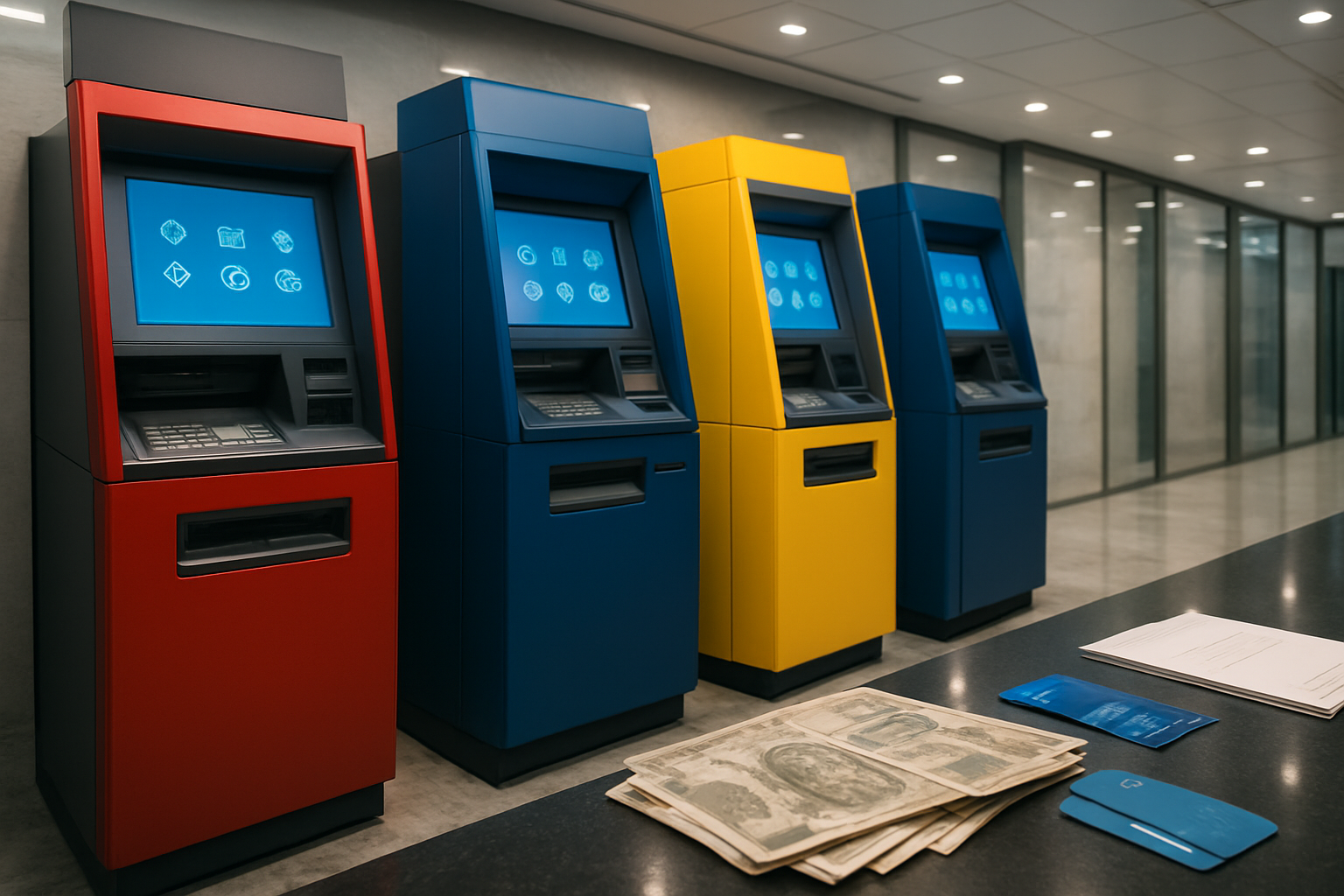 Create a realistic image of multiple ATM machines from different Indian banks lined up in a modern banking area, with digital screens displaying various banking service icons and symbols, Indian rupee currency notes scattered on a sleek counter surface, bank cards and documents nearby, professional indoor lighting with a clean corporate atmosphere, modern banking hall background with marble floors and glass panels, representing technological advancement and financial services transformation, Absolutely NO text should be in the scene.