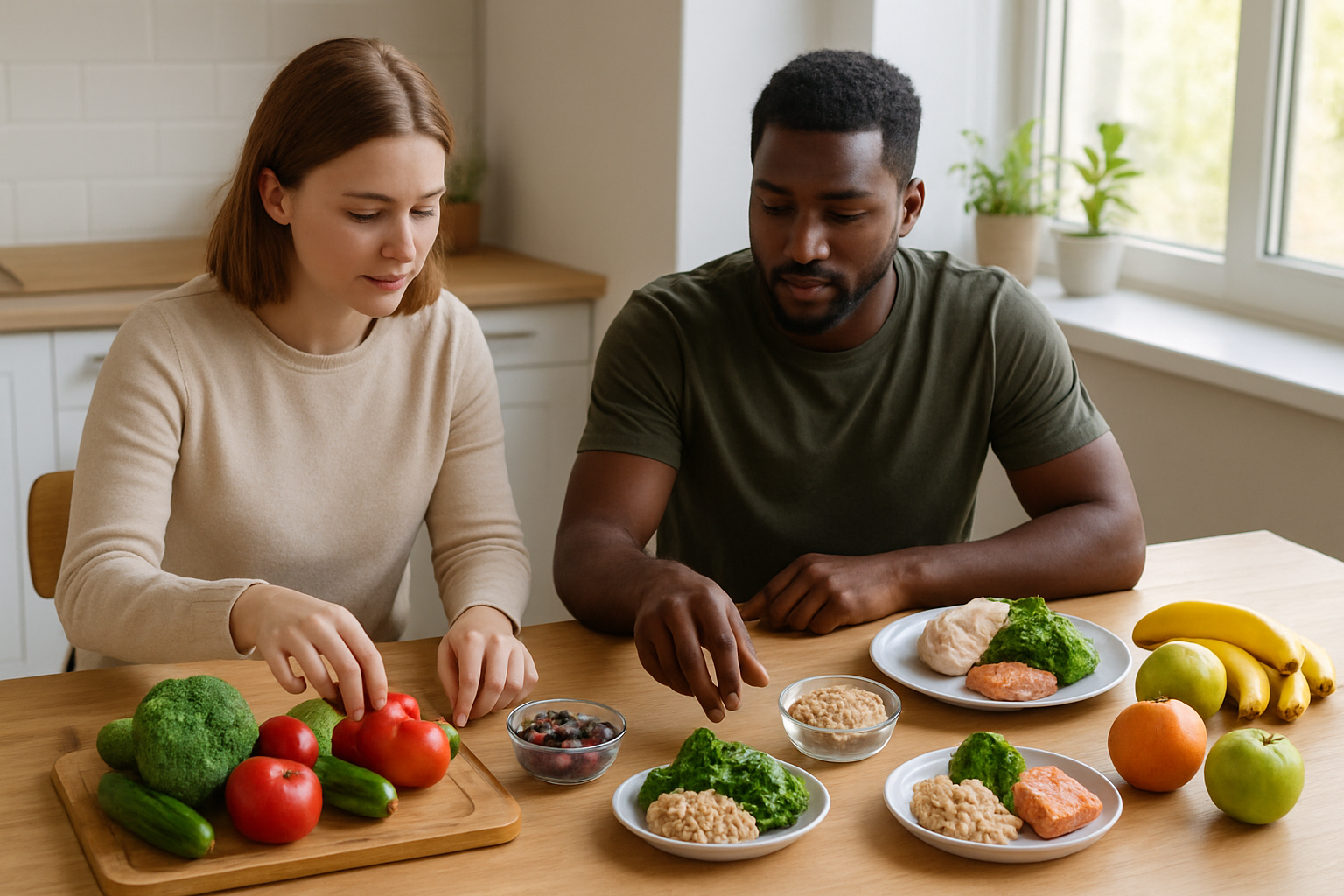 Create a realistic image of a diverse group of people including a white female and black male sitting at a modern kitchen table making thoughtful food choices, with colorful fresh vegetables, fruits, whole grains, and lean proteins arranged on wooden cutting boards, measuring cups and portion control plates visible, natural sunlight streaming through a window creating a warm and inviting atmosphere, hands reaching for nutritious options while avoiding processed foods pushed to the side, clean modern kitchen background with plants on the windowsill, conveying mindful and intentional eating decisions, absolutely NO text should be in the scene.