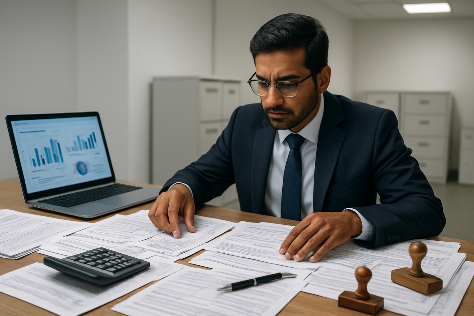 Create a realistic image of a modern office desk with scattered official income tax documents, forms, and legal papers being reorganized, a laptop computer displaying financial charts and graphs, a calculator, pen, and official government stamps, with a professional South Asian male accountant in business attire working intently, bright fluorescent office lighting creating a serious administrative atmosphere, clean white walls with filing cabinets in the background, conveying the sense of major regulatory changes and legal restructuring, absolutely NO text should be in the scene.