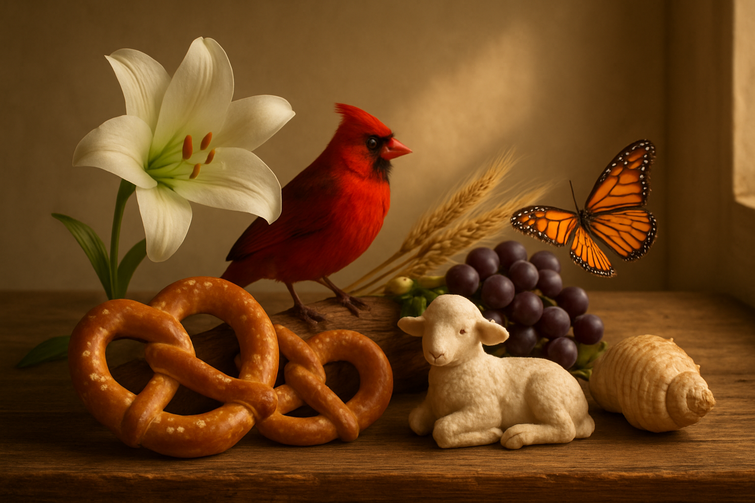 Create a realistic image of a collection of lesser-known Christian Easter symbols artfully arranged on a rustic wooden table, including a white lily, a red cardinal perched nearby, a butterfly with orange and black wings, pretzels shaped in traditional knots, a small lamb figurine, wheat stalks, grapes, and a seashell, with soft natural lighting streaming from a window creating gentle shadows, set against a neutral background with subtle religious undertones, captured in warm golden hour lighting that emphasizes the symbolic nature of each item, absolutely NO text should be in the scene.