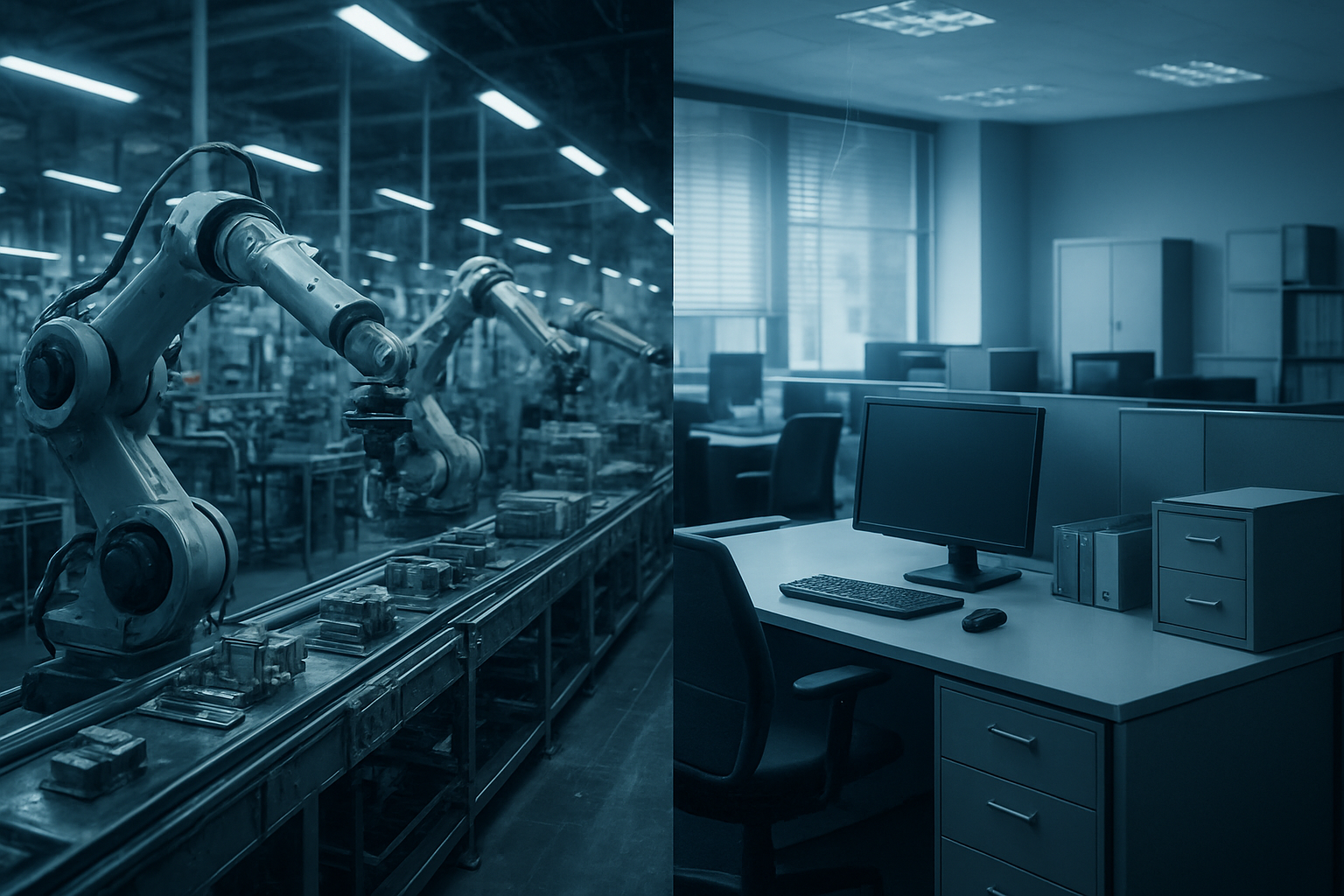 Create a realistic image of a split-screen composition showing vulnerable job sectors, with the left side displaying a factory floor with automated robotic arms and machinery replacing manufacturing workers, and the right side showing an empty office space with computers, filing cabinets, and desks representing administrative and data entry positions, connected by a subtle digital overlay of circuit patterns, set in modern industrial and corporate environments with cool blue and gray lighting to convey technological transformation, absolutely NO text should be in the scene.