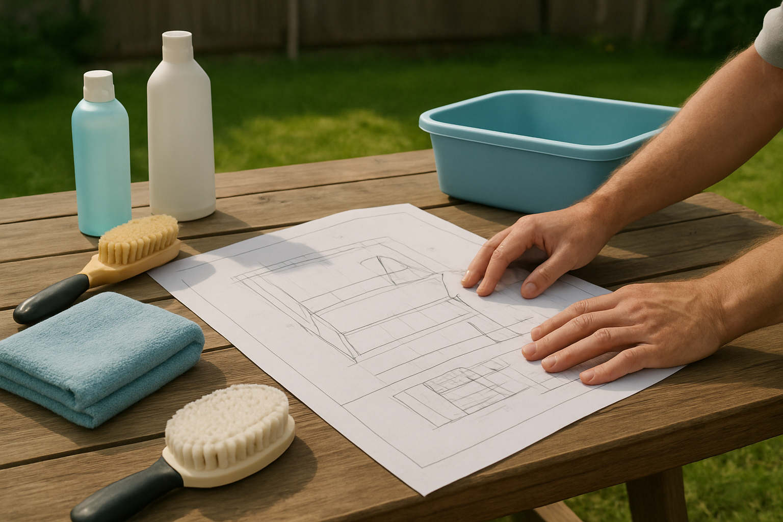 Create a realistic image of a person's hands holding architectural blueprints or planning sketches spread out on a wooden outdoor table, with various pet washing supplies like shampoo bottles, brushes, towels, and a portable wash basin arranged around the papers, set in a backyard environment with grass and a fence visible in the background, bright natural daylight creating clear visibility of all planning materials, conveying an organized preparation phase for building a pet wash station, absolutely NO text should be in the scene.