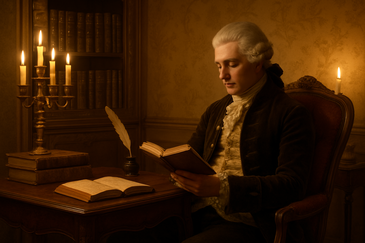 Create a realistic image of an elegant 18th century French salon with ornate Rococo furniture, featuring an open leather-bound poetry book on a mahogany writing desk alongside a quill pen and inkwell, surrounded by other period poetry volumes with gilded spines on nearby shelves, soft candlelight illuminating the scene from brass candelabras, creating warm golden shadows on silk wallpaper with delicate floral patterns, a white male poet in period attire with powdered wig sitting contemplatively in a velvet armchair reading, representing the Age of Enlightenment's literary atmosphere, with subtle details like a small marble bust and rolled parchments suggesting the dominant poetic genres of the era, absolutely NO text should be in the scene.