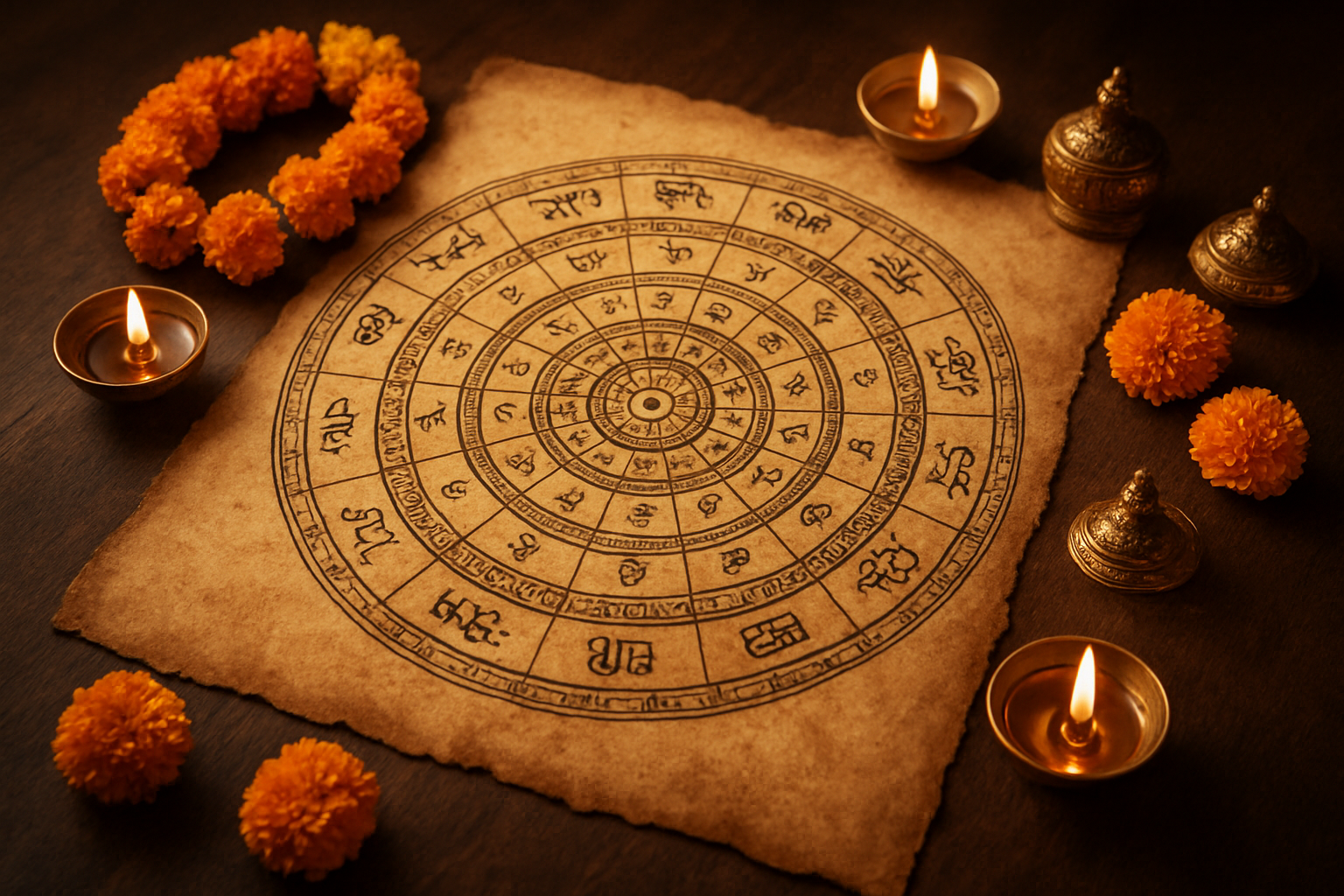 Create a realistic image of an ornate traditional Indian astrological marriage chart wheel (vivaha chakra) displayed on aged parchment paper, featuring intricate circular diagrams with Sanskrit symbols, zodiac signs, and planetary positions arranged in concentric circles, surrounded by traditional Hindu wedding elements like marigold flowers, small oil lamps, and golden decorative items, set on a wooden table with warm ambient lighting creating a sacred and ceremonial atmosphere, absolutely NO text should be in the scene.