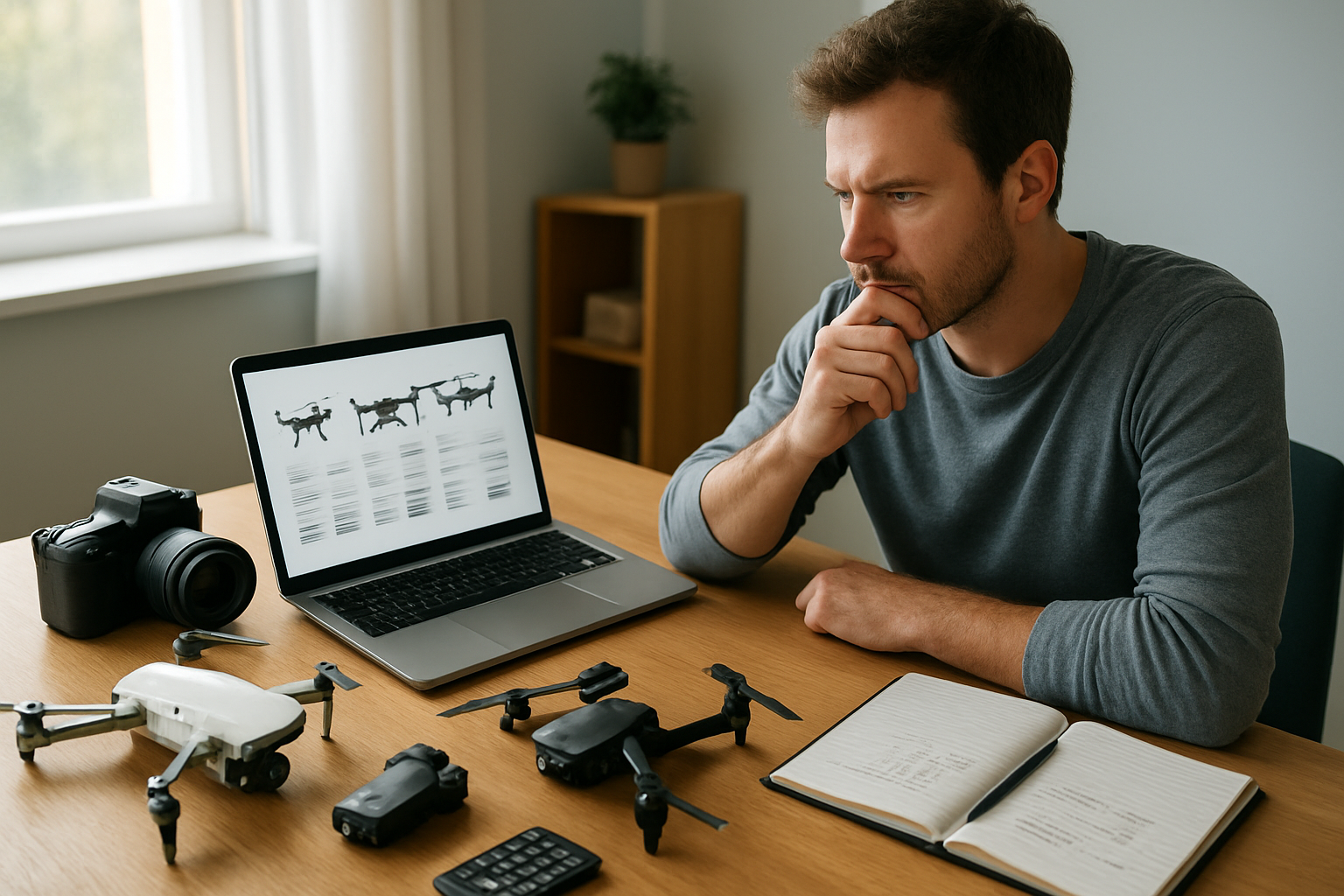 Create a realistic image of a thoughtful white male photographer in his 30s sitting at a modern desk with a laptop open displaying drone comparison charts, surrounded by various drone models of different sizes and price ranges laid out on the wooden surface, with camera equipment, a calculator, and a notebook with budget planning notes visible, set in a bright home office with natural lighting streaming through a window, conveying a careful decision-making process for drone selection, absolutely NO text should be in the scene.