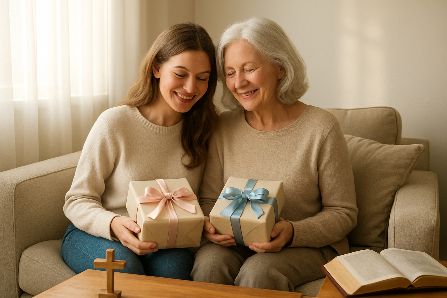 Create a realistic image of a warm, inviting living room scene with a white mother and her adult daughter sitting together on a comfortable sofa, both holding wrapped gifts with soft pastel ribbons, with a small wooden cross and fresh flowers visible on a nearby coffee table, soft natural sunlight streaming through sheer curtains creating a peaceful atmosphere, a family Bible resting open on a side table, and subtle touches of spring flowers in a vase, all conveying love, gratitude, and spiritual connection in a cozy home setting, absolutely NO text should be in the scene.
