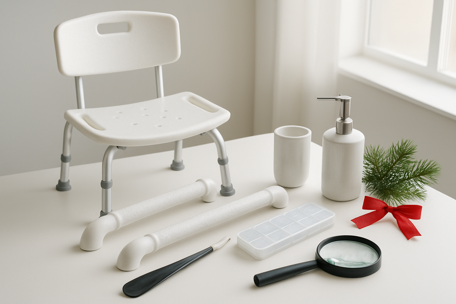 Create a realistic image of an elegant gift arrangement featuring personal care items that promote independence for elderly people, including a shower chair, grab bars, long-handled shoe horn, pill organizer with large compartments, magnifying glass, and ergonomic bathroom accessories, all beautifully arranged on a clean white surface with soft natural lighting from a window, complemented by subtle Christmas elements like a small pine branch and red ribbon, creating a warm and caring atmosphere that emphasizes dignity and self-reliance, absolutely NO text should be in the scene.