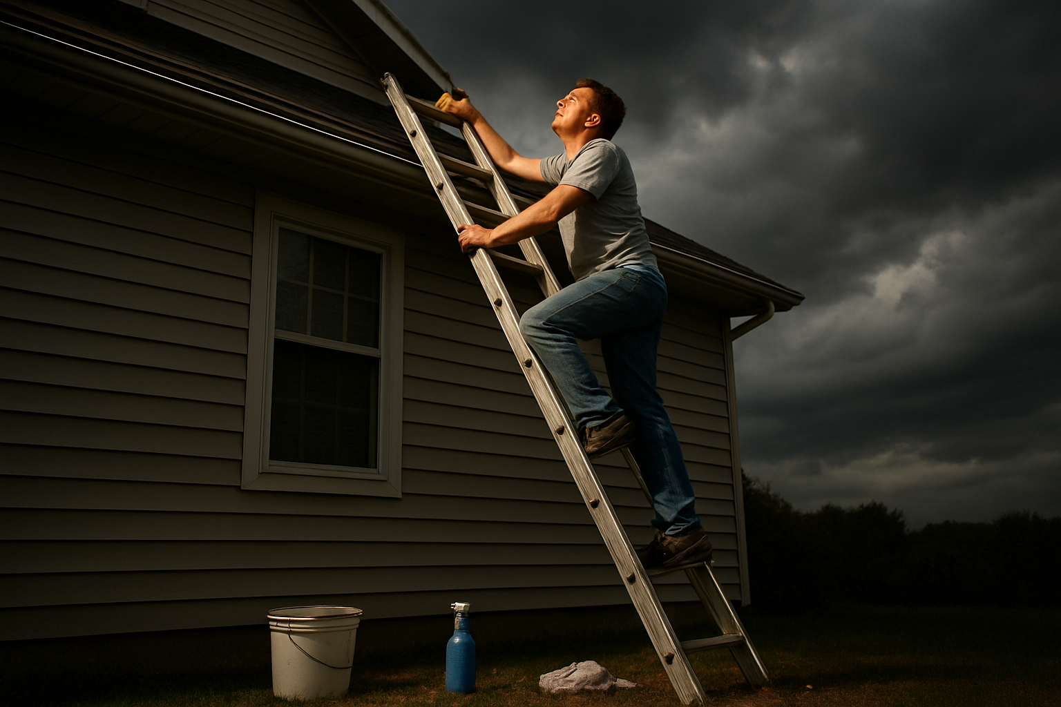 Create a realistic image of a white male homeowner in casual clothes standing dangerously on a tall aluminum ladder that appears unstable, reaching up to clean gutters on a two-story house, with the ladder positioned at an unsafe angle against the home's exterior wall, surrounded by cleaning supplies scattered on the ground below, dramatic lighting showing the height and risk involved, cloudy sky in background suggesting potential weather hazards, scene emphasizing the precarious and dangerous nature of DIY gutter cleaning, absolutely NO text should be in the scene.