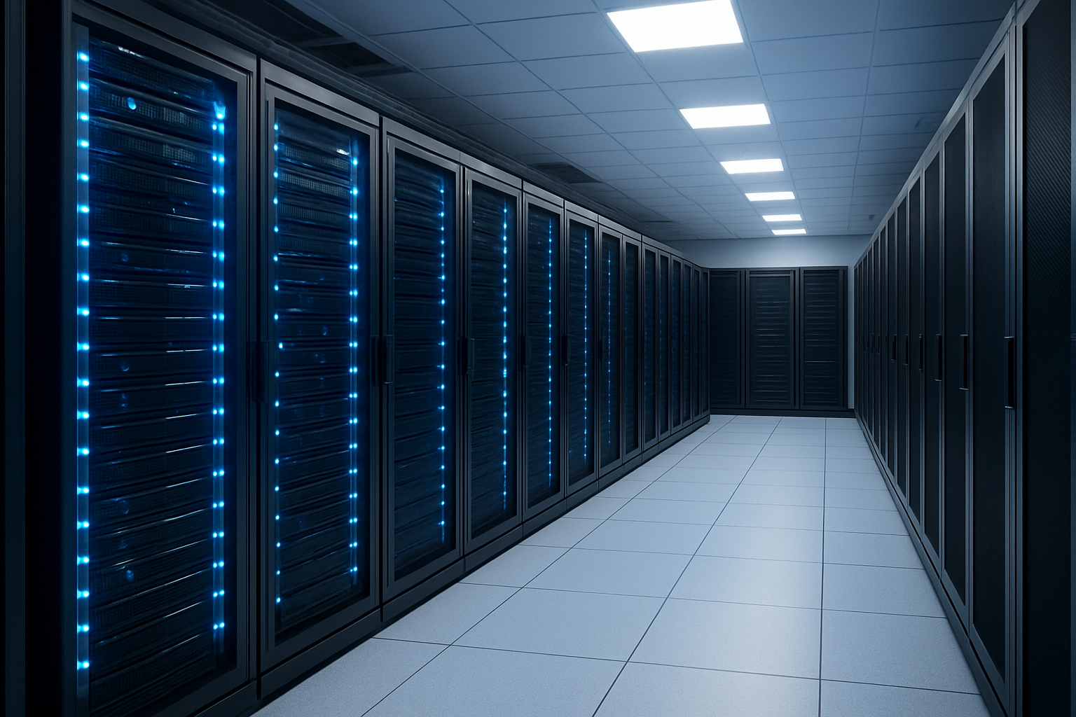 Create a realistic image of a modern cloud server room with rows of sleek black server racks glowing with blue LED lights, showing a dramatic contrast between one section with servers running efficiently with minimal activity indicators and another section with servers displaying reduced load and dimmed status lights, representing optimized resource usage after bot mitigation, set against a clean data center environment with raised floors and organized cable management, featuring a peaceful and organized atmosphere with cool blue and white lighting that emphasizes technological efficiency and cost savings, absolutely NO text should be in the scene.