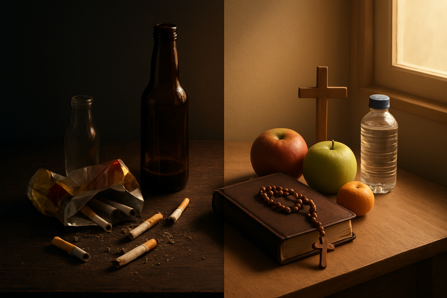 Create a realistic image of a split-screen composition showing personal transformation during Lent, with the left side depicting bad habits including scattered cigarettes, empty alcohol bottles, and junk food wrappers on a cluttered dark wooden table, while the right side shows positive habits with a neat meditation corner featuring a prayer book, rosary beads, fresh fruits, a water bottle, and a small cross, connected by soft golden lighting that transitions from shadow to light, symbolizing the journey from breaking negative patterns to forming positive spiritual practices, with warm natural lighting streaming through a window, creating a hopeful and contemplative mood, absolutely NO text should be in the scene.