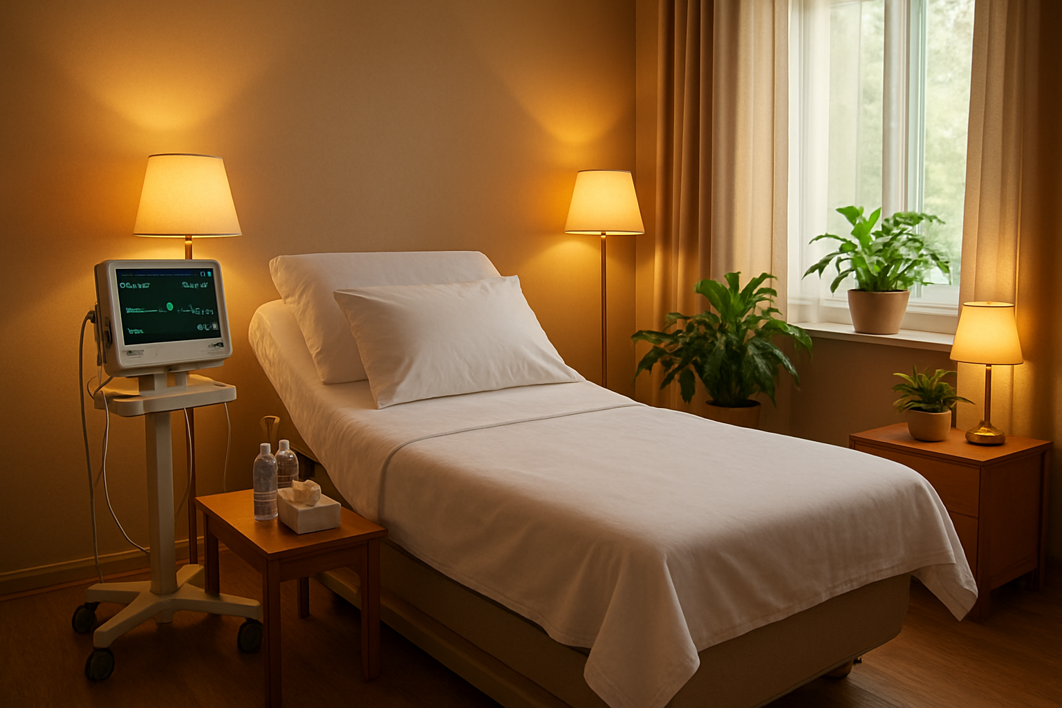 Create a realistic image of a serene medical therapy room with soft, warm lighting from table lamps and natural window light, featuring a comfortable reclining chair or therapy bed with clean white linens, nearby medical monitoring equipment including a heart rate monitor with visible waveforms on screen, a small table with water bottles and tissues, potted plants in the background creating a calming atmosphere, wooden floors, and peaceful earth-tone colors throughout the space, absolutely NO text should be in the scene.