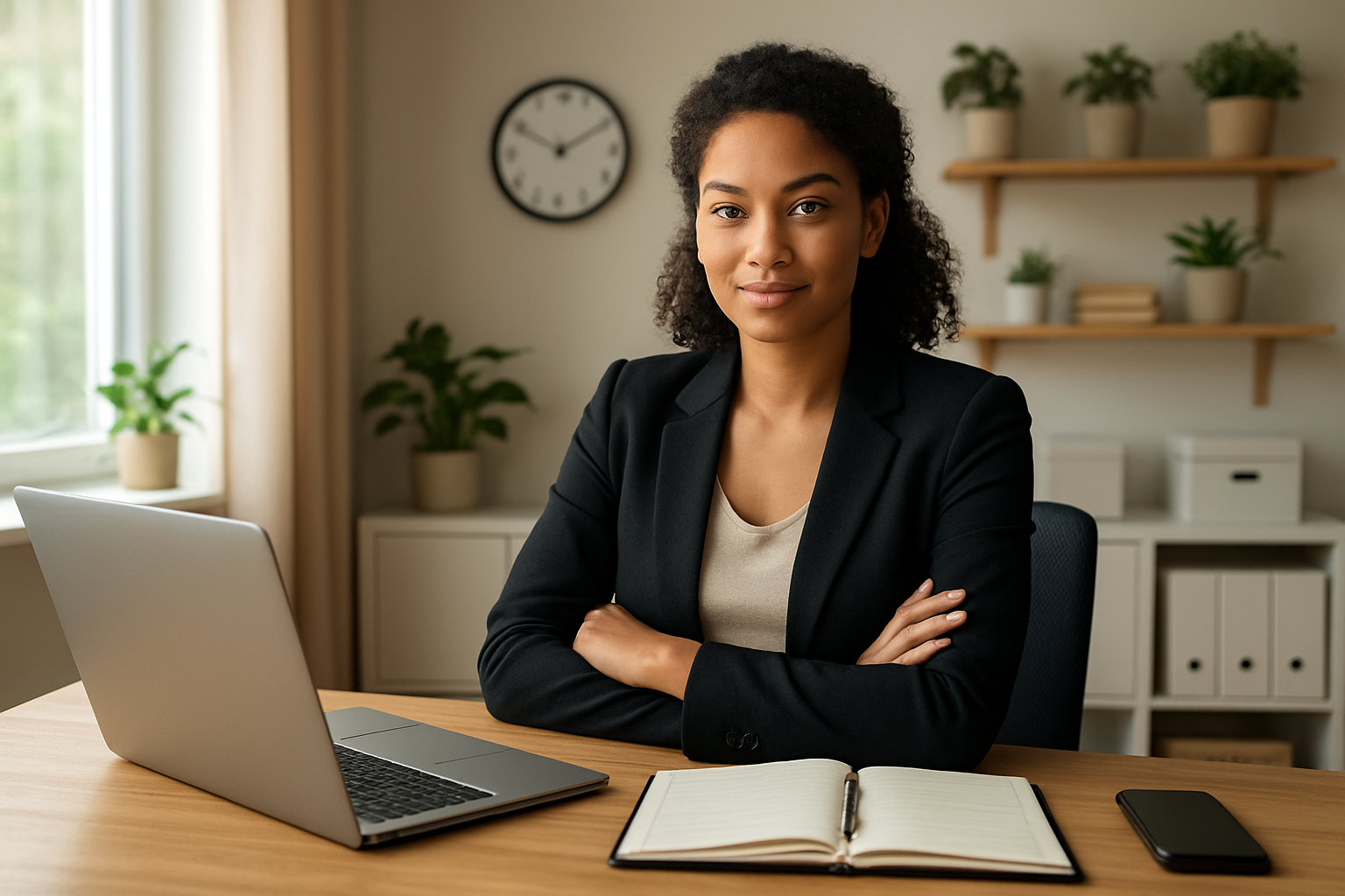 Create a realistic image of a confident professional woman of mixed race sitting at an organized home office desk with a laptop, planner, and smartphone arranged neatly, surrounded by a tidy modern workspace with natural lighting streaming through a window, plants on shelves, a wall clock showing productive daytime hours, and organized storage solutions visible in the background, conveying a sense of accomplishment, balance, and successful time management with warm, inspiring lighting that suggests productivity and well-being, absolutely NO text should be in the scene.