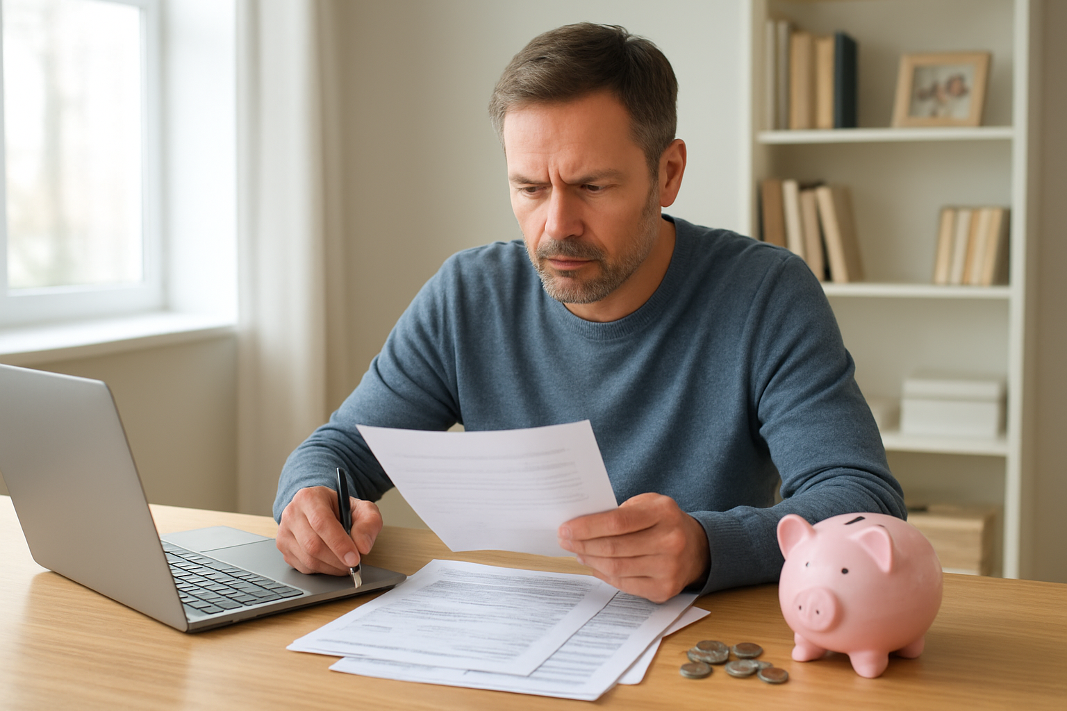 Create a realistic image of a middle-aged white male sitting at a clean wooden desk with a laptop computer, calculator, and organized paperwork including insurance documents and bills, with a piggy bank and coins nearby, in a bright modern home office with natural lighting from a window, showing a focused and determined mood as he reviews financial documents to save money on car insurance, with a subtle background of bookshelves and a family photo, conveying financial planning and smart budgeting, absolutely NO text should be in the scene.