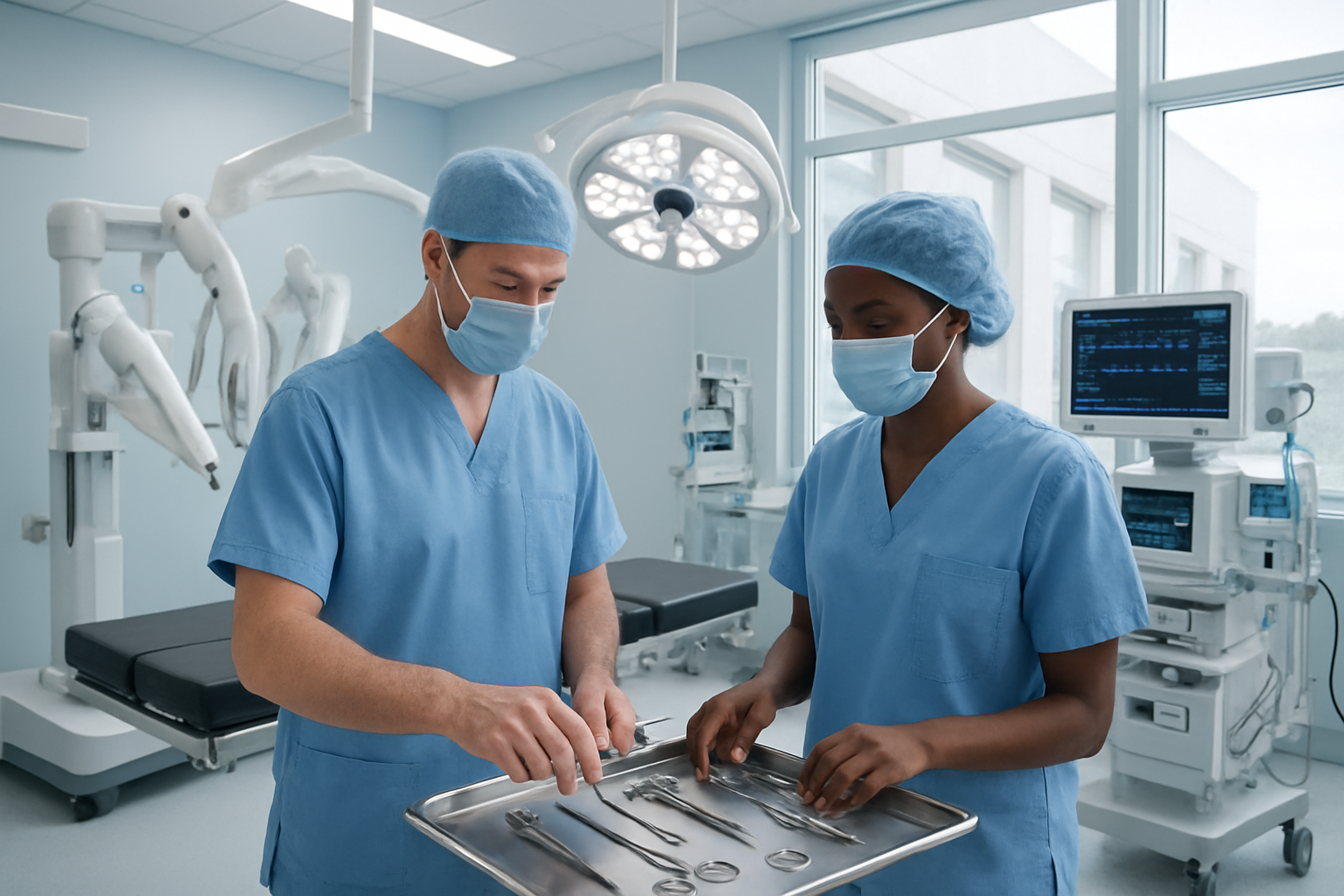 Create a realistic image of a modern specialty surgical center interior showcasing advanced medical equipment including robotic surgical systems, state-of-the-art operating tables, and high-tech monitoring devices in a pristine, well-lit surgical suite with clean white and blue color scheme, featuring a white male surgeon and black female nurse examining surgical instruments, with large windows allowing natural light to complement the professional LED lighting, conveying an atmosphere of precision, innovation, and medical excellence. Absolutely NO text should be in the scene.