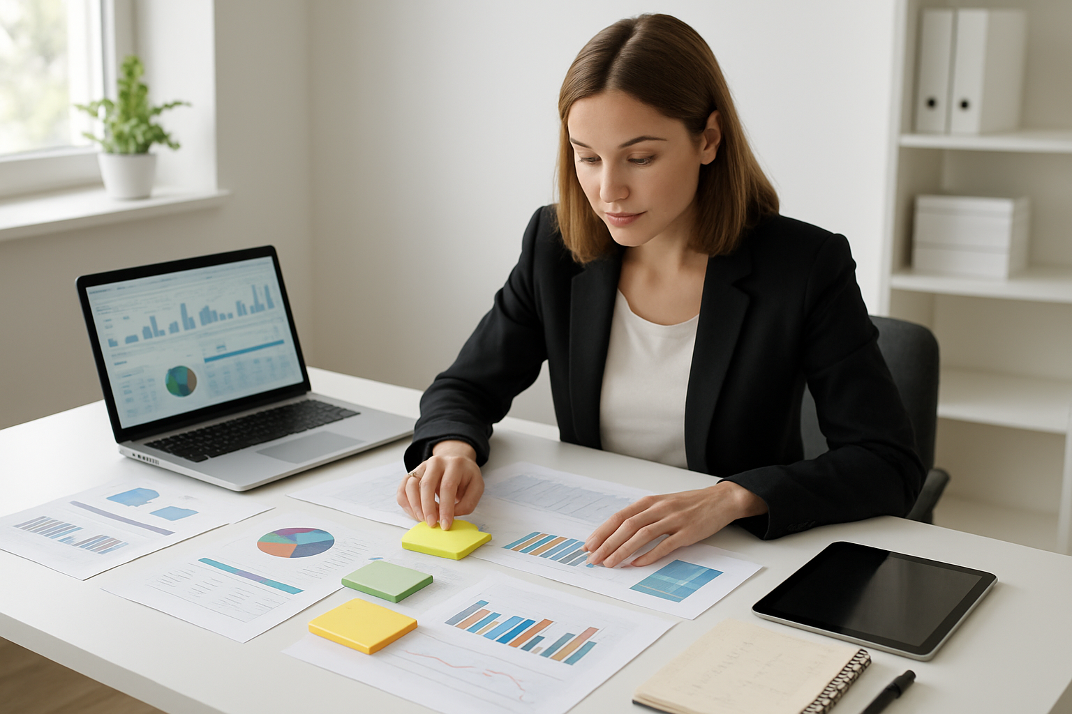 Create a realistic image of a modern workspace with a white female professional sitting at a clean desk organizing various progress tracking materials including printed charts, graphs, spreadsheets, and colorful sticky notes arranged in neat piles, with a laptop computer open displaying data dashboards, a tablet, and notebooks with visible data entries, surrounded by office supplies like pens and highlighters, set in a bright well-lit office environment with natural lighting from a window, conveying a focused and organized atmosphere of quarterly review preparation, absolutely NO text should be in the scene.
