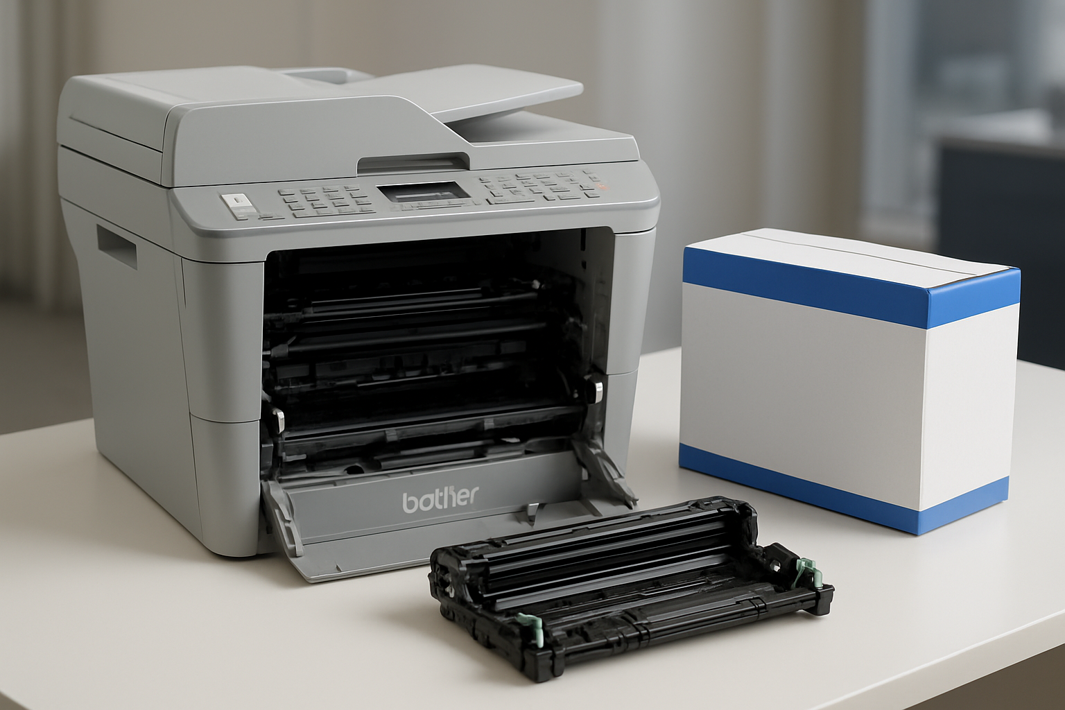 Create a realistic image of a Brother MFC-B7715DW printer with its front cover open revealing the drum unit inside, positioned on a clean white desk surface, with a replacement drum cartridge box and the old drum unit placed neatly beside the printer, soft natural lighting from the side creating gentle shadows, professional office environment with blurred background, emphasizing the maintenance and replacement process completion, Absolutely NO text should be in the scene.
