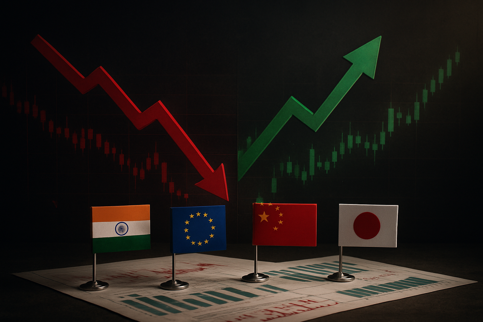 Create a realistic image of a dynamic split-screen composition showing contrast between declining US markets on the left with red downward trending arrows and charts, and rising European and Asian markets on the right with green upward arrows, featuring miniature flags of India, European Union, China, and Japan scattered around financial charts and graphs, with a dark professional background suggesting economic tension and trade war impact, dramatic lighting highlighting the divergence between markets, and a moody atmosphere conveying the need for Indian investors to look beyond traditional US investments, absolutely NO text should be in the scene.