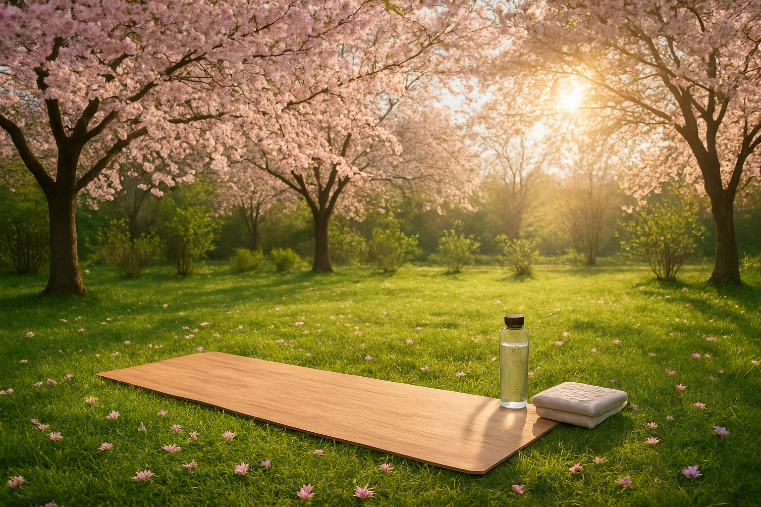 Create a realistic image of a serene outdoor spring scene with fresh green grass, blooming cherry blossom trees with pink and white flowers, a wooden yoga mat placed on the ground, a water bottle and small towel nearby, morning sunlight filtering through the trees creating soft golden rays, scattered flower petals on the grass, and a peaceful garden setting with budding plants and clear blue sky in the background, evoking renewal and wellness energy. Absolutely NO text should be in the scene.