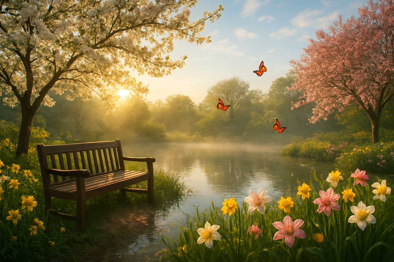 Create a realistic image of a peaceful garden scene at dawn with soft golden sunlight filtering through blooming trees, featuring a serene pond with clear water reflecting the morning light, surrounded by vibrant spring flowers like lilies and daffodils, with a wooden bench positioned near the water's edge, gentle mist rising from the pond surface, creating an atmosphere of tranquility and spiritual renewal, with butterflies gracefully flying among the blossoms and a clear blue sky with soft white clouds in the background. Absolutely NO text should be in the scene.