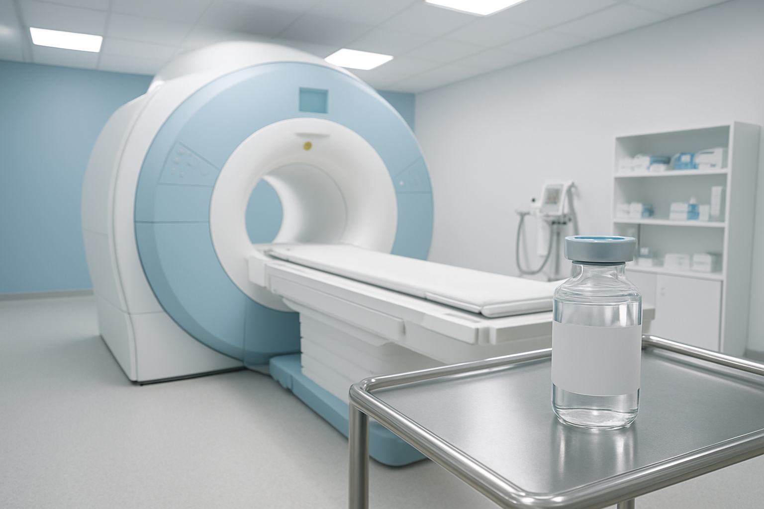 Create a realistic image of a modern MRI machine in a clean medical facility with a vial of clear contrast agent (Clariscan) prominently displayed on a medical cart nearby, featuring sterile medical equipment, bright clinical lighting, white and blue color scheme typical of healthcare environments, and a professional atmosphere that emphasizes advanced medical technology. Absolutely NO text should be in the scene.