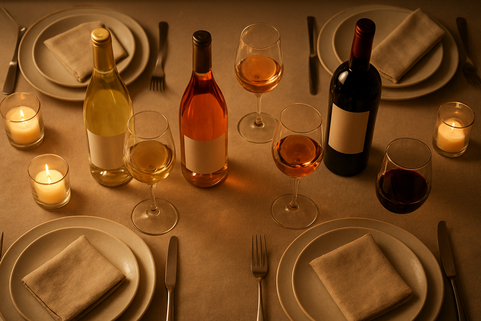 Create a realistic image of an elegant dinner party table setting viewed from above, featuring multiple wine bottles of different varieties (red, white, and rosé) artfully arranged alongside wine glasses filled with corresponding wines, surrounded by sophisticated dinnerware, cloth napkins, and ambient candlelight creating a warm, inviting atmosphere that suggests a successful conclusion to wine selection planning, with soft golden lighting highlighting the rich colors of the wines and creating gentle shadows across the table surface. Absolutely NO text should be in the scene.