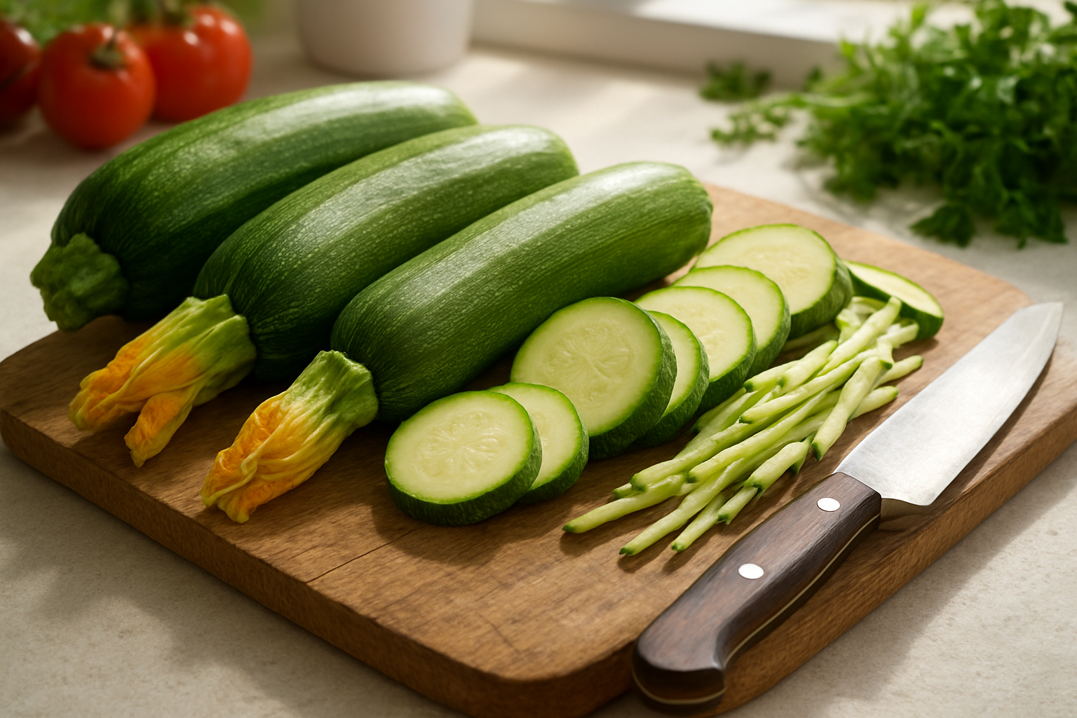 Create a realistic image of fresh zucchini vegetables displayed as the main subject, showing whole zucchini with their natural green skin and yellow blossoms still attached, alongside sliced zucchini rounds and julienned strips to demonstrate versatility, arranged on a rustic wooden cutting board with a sharp knife nearby, set against a bright kitchen counter background with natural sunlight streaming in to emphasize the summer freshness, surrounded by other summer vegetables like tomatoes and herbs to reinforce the seasonal context, captured in warm natural lighting that highlights the vibrant green colors and fresh textures of the produce, absolutely NO text should be in the scene.