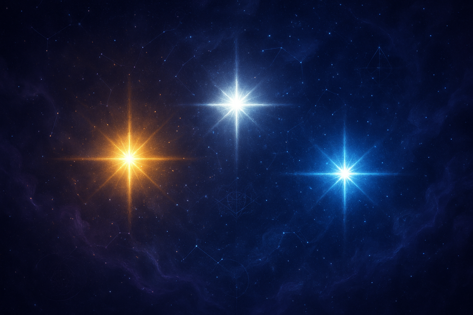 Create a realistic image of three bright celestial stars glowing with different colored auras - one with golden light, one with silver light, and one with deep blue light - positioned in a mystical night sky filled with constellation patterns and cosmic energy, surrounded by swirling nebula clouds in purple and indigo hues, with subtle spiritual symbols like lotus petals and geometric patterns floating in the starlight, creating an atmosphere of ancient wisdom and celestial power, shot with dramatic lighting that emphasizes the luminous quality of the stars against the deep space background, absolutely NO text should be in the scene.