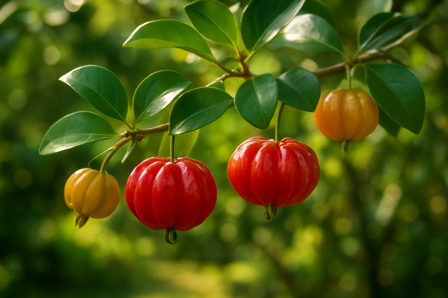 Create a realistic image of vibrant red Surinam cherries with their distinctive ribbed, pumpkin-like shape hanging from green branches with glossy oval leaves, set against a soft-focused tropical garden background with dappled sunlight filtering through foliage, showcasing both ripe red fruits and some orange-yellow developing fruits on the same branch, with rich green vegetation and warm natural lighting creating a lush botanical atmosphere. Absolutely NO text should be in the scene.